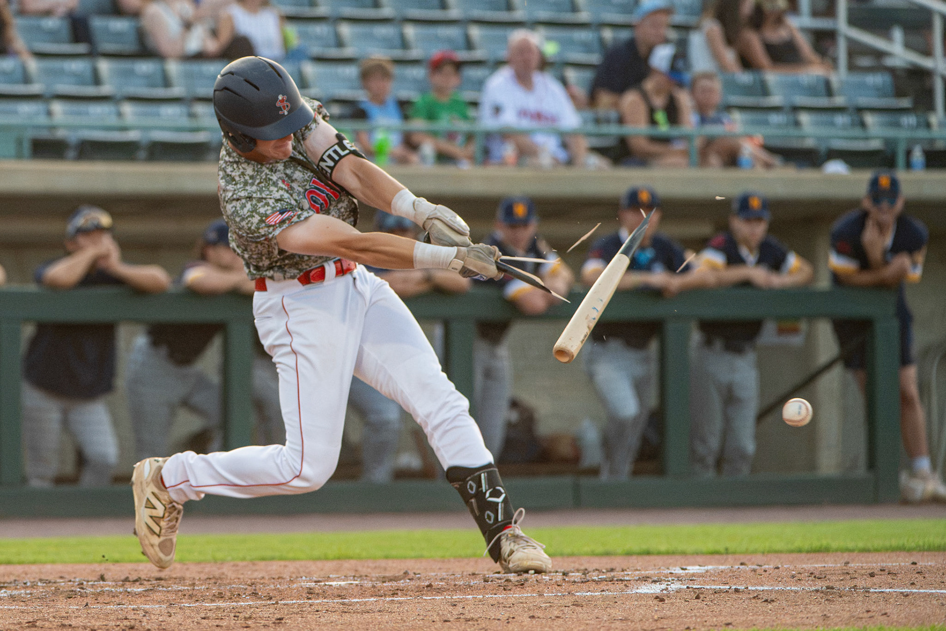 Lowell Spinners' batter, David Vanderzouwen shatters his bat as he makes contact with the ball. The game was played at Edward A. LeLacheur Park in Lowell, MA on July 2nd, 2026.