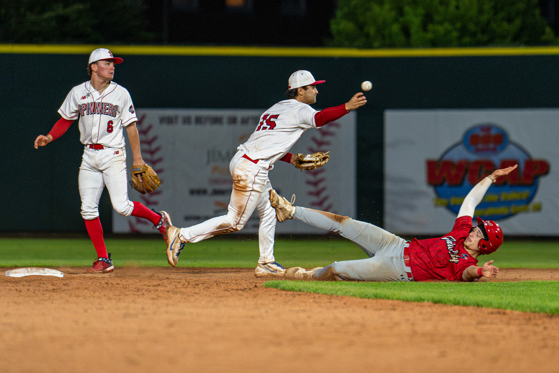 Lowell Spinners' Zander Bratspis makes the throw back to first after getting the base runner coming to second out. The game was played at Edward A. LeLacheur Park, in Lowell, MA, on June 23rd, 2026.