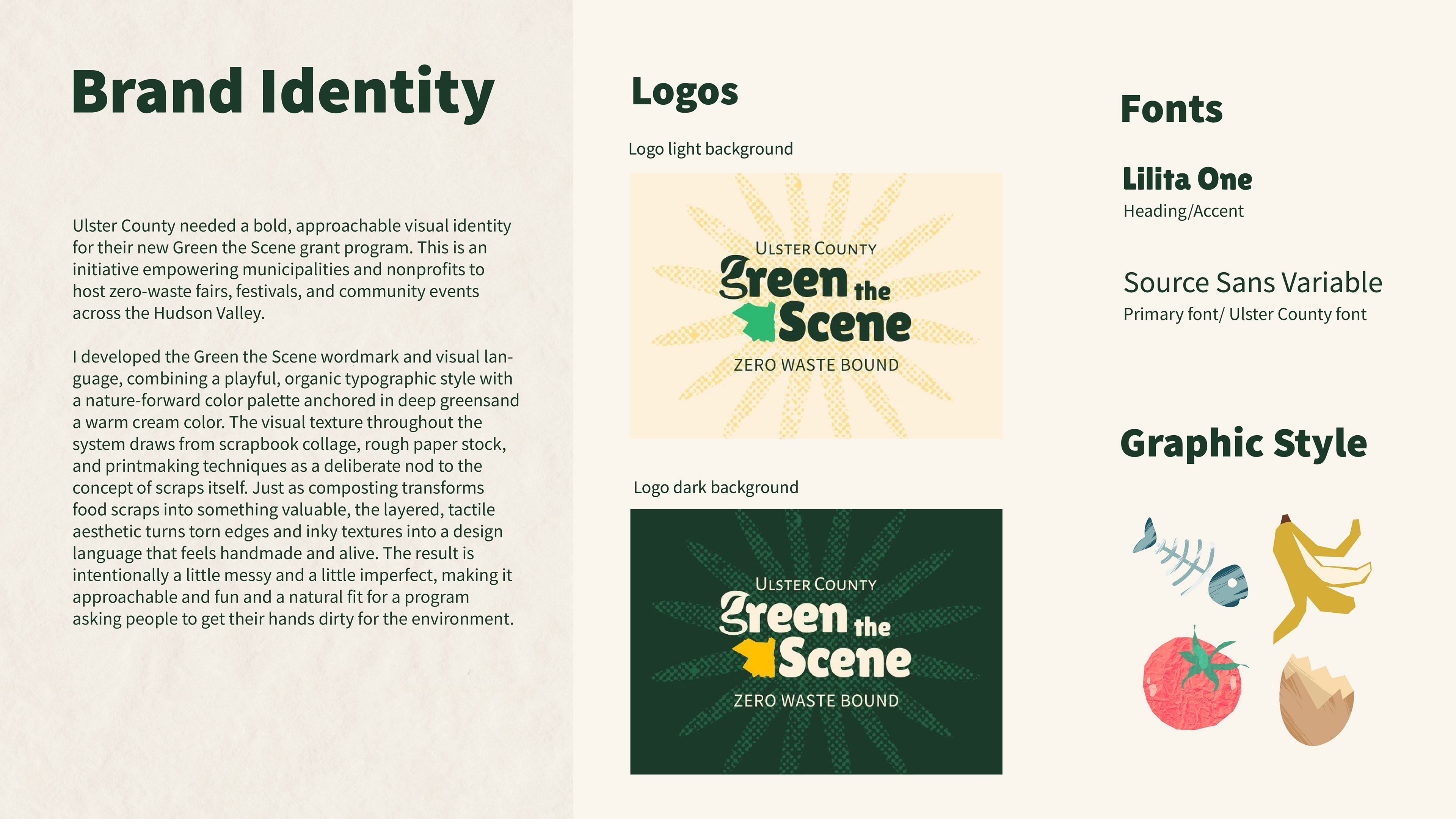 The Ulster County Green the Scene program uses a bold, nature-forward visual identity built around deep greens and warm cream tones. The wordmark works on both light and dark backgrounds and is set in Lilita One for headings and Source Sans Variable for body text. Illustrated food scrap icons — a fish skeleton, banana peel, tomato, and eggshell — reinforce the zero-waste theme throughout the brand.