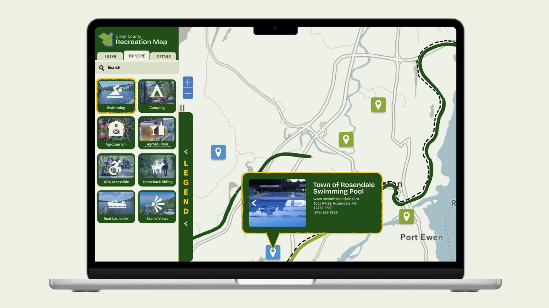 Ulster County Recreation Map on a laptop showing the Explore tab with photo tiles for activity categories including Swimming, Camping, Agrotourism, ADA Accessible, Horseback Riding, Boat Launches, and Scenic Views. A map tooltip displays details for the Town of Rosendale Swimming Pool.