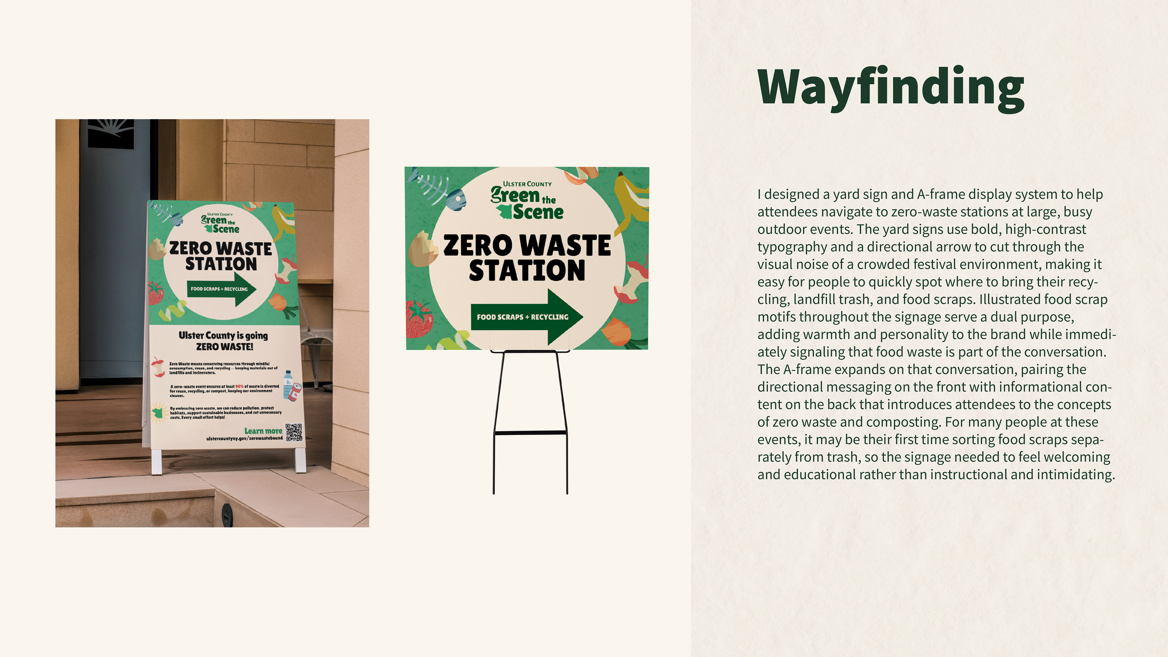 Zero Waste Station yard signs use bold typography and a large directional arrow to help festival-goers quickly locate recycling and food scrap drop-off points. Illustrated fruit and vegetable motifs reinforce the zero-waste message visually, while the back of the A-frame sign provides educational context about composting for attendees who may be sorting food scraps for the first time.