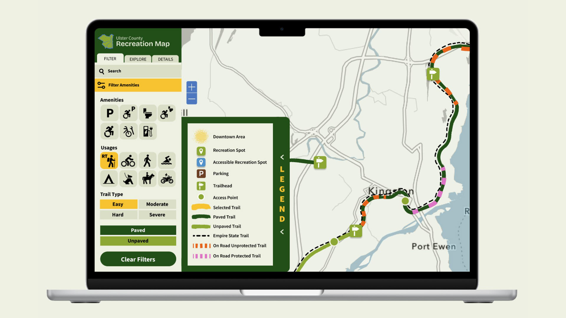 Ulster County Recreation Map application displayed on a laptop, showing the Details tab for the O&W Rail Trail. The left sidebar displays trail info including difficulty (intermediate), surface (asphalt and gravel), length (11.3 miles), a steepness graph, a Trailheads button, and nearby search options. A tooltip on the map highlights the trail's location near Hurley with the same key details.