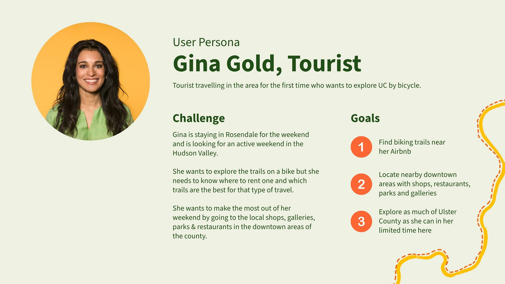 User persona card titled "Gina Gold, Tourist." Subtitle reads: "Tourist travelling in the area for the first time who wants to explore UC by bicycle." Under "Challenge": Gina is staying in Rosendale for the weekend and is looking for an active weekend in the Hudson Valley. She wants to explore the trails on a bike but needs to know where to rent one and which trails are the best for that type of travel. She wants to make the most out of her weekend by going to the local shops, galleries, parks and restaurants in the downtown areas of the county. Under "Goals": 1) Find biking trails near her Airbnb. 2) Locate nearby downtown areas with shops, restaurants, parks and galleries. 3) Explore as much of Ulster County as she can in her limited time here.