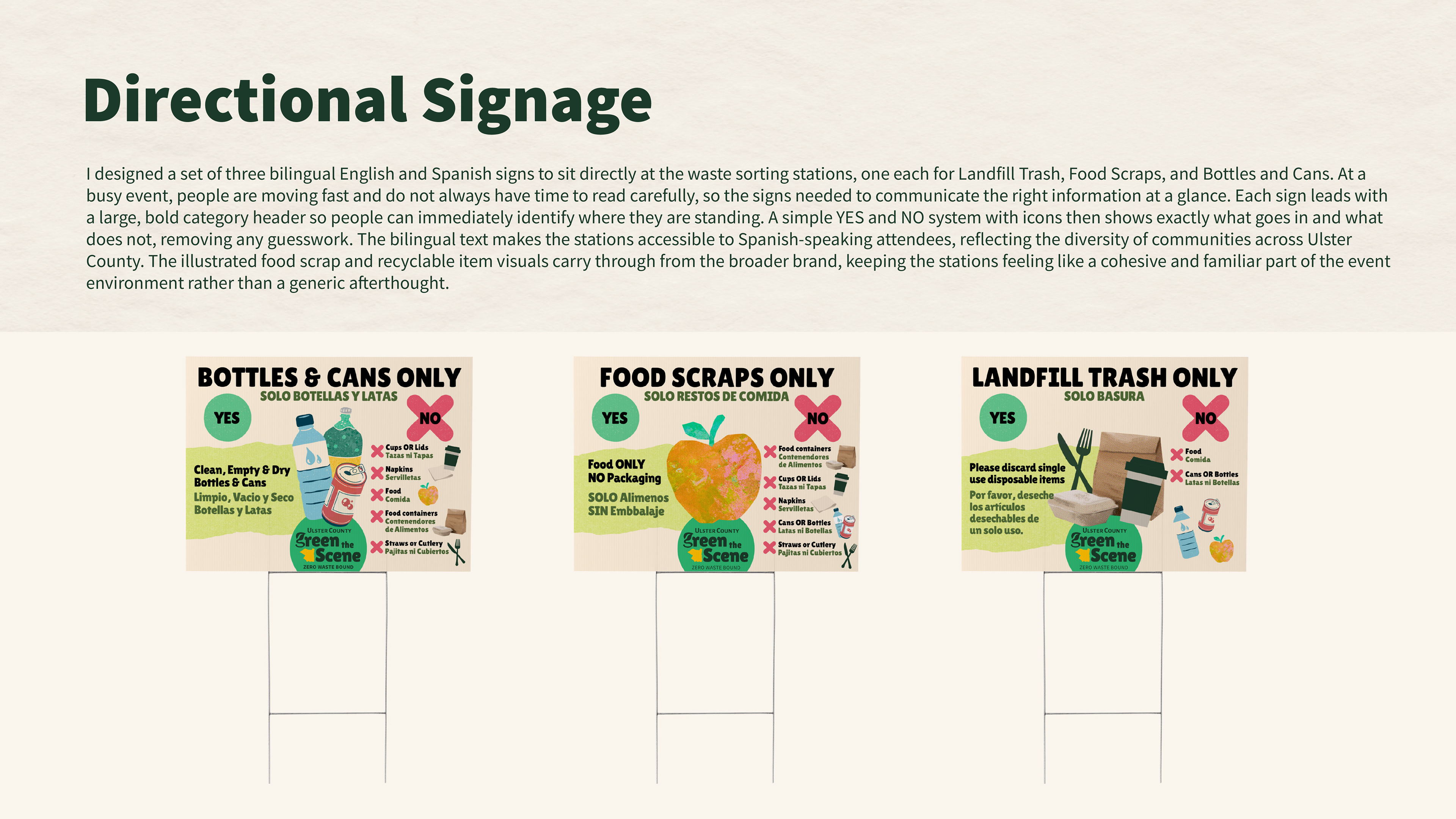 Three bilingual English and Spanish sorting station signs — for Bottles & Cans, Food Scraps, and Landfill Trash — use a simple YES/NO icon system so event attendees can sort waste correctly at a glance without needing to read lengthy instructions. Illustrated food visuals and the Green the Scene branding keep the stations feeling like a cohesive part of the event rather than an afterthought.