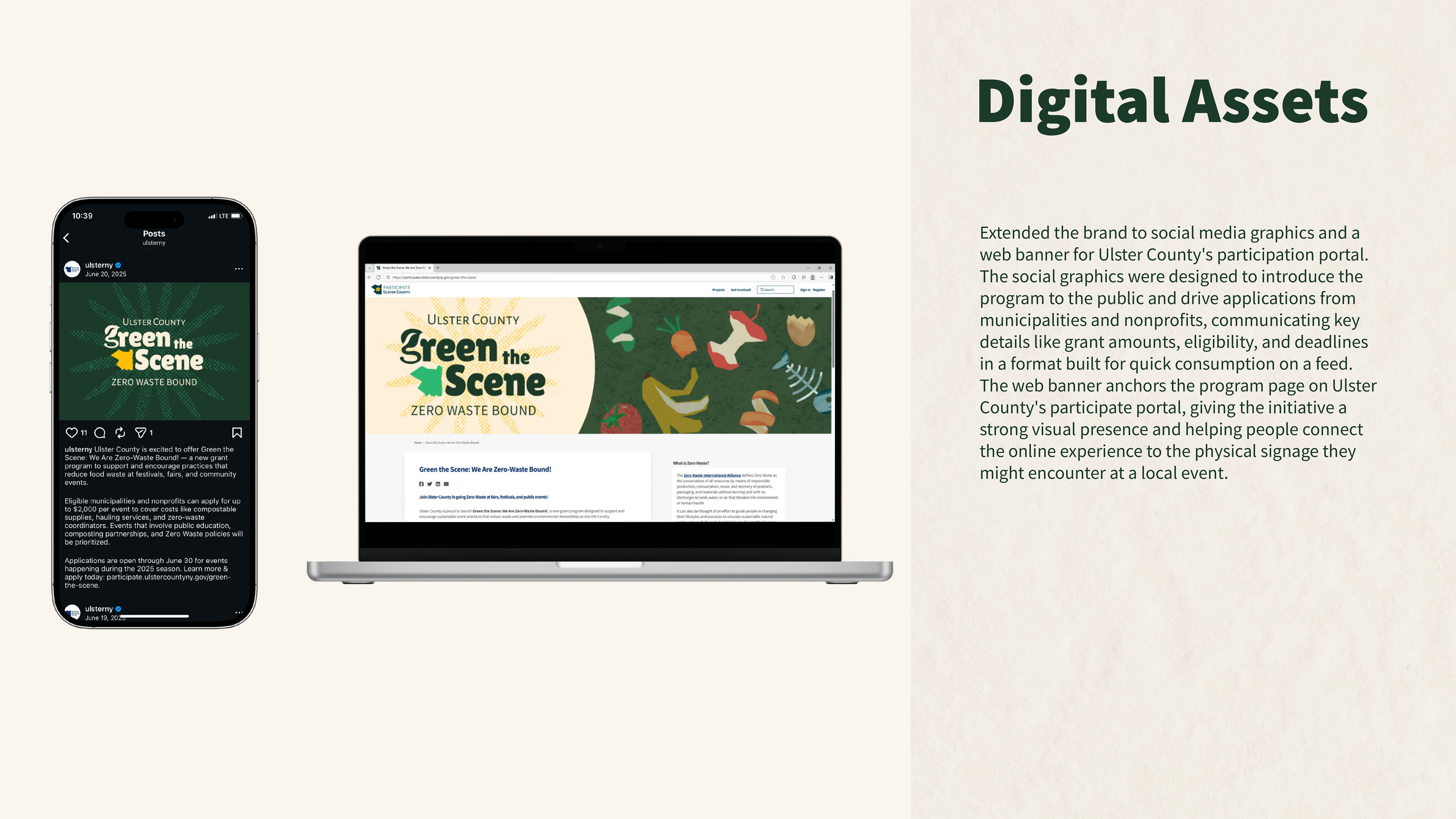 The Green the Scene brand extends to social media and the web through an Instagram post and a web banner on Ulster County's participation portal. The social graphic communicates grant eligibility and deadlines — up to $2,000 per event for compostable supplies, hauling, and zero-waste coordination — while the web banner gives the program a strong visual anchor online that connects back to the physical signage attendees may encounter at local events.