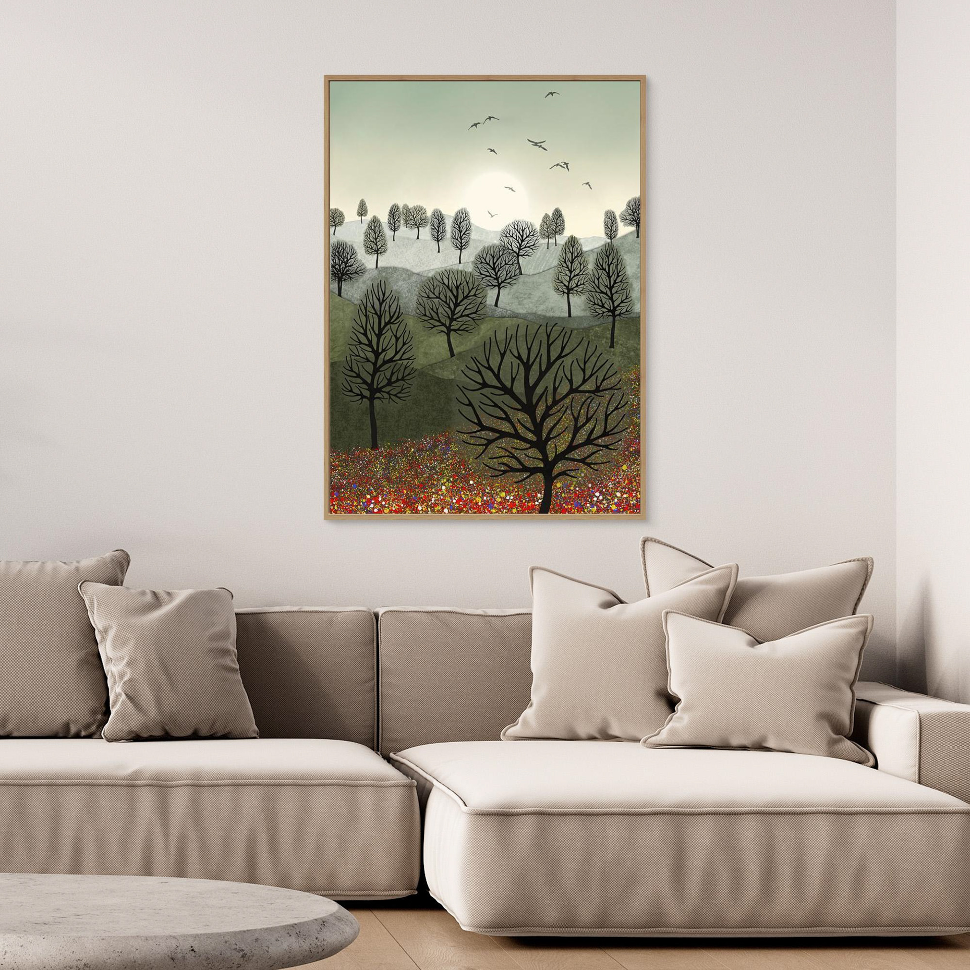 A Splash of Colour created by Robbie William for WalkinHISlight,, artwork depicting a landscape dotted with various trees with the sun shining in the background, with a field of flowers in the forground and birds flying. Reductive in nature. Shades of white, grey's, greens through to black.. Available as a canvas print and paper print framed or unframed in various sizes. Contemporary/modern in style..