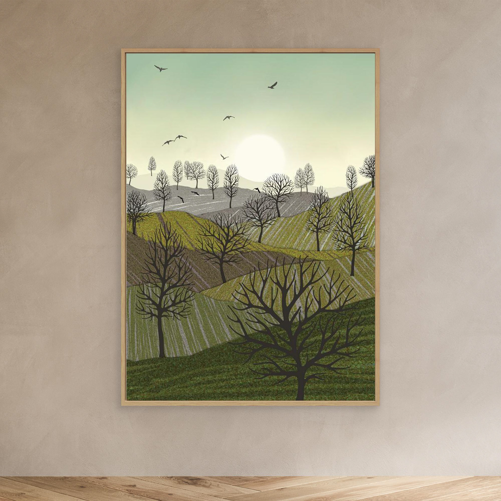 Over the Hills created by Robbie William for WalkinHISlight,, artwork depicting a landscape dotted with various trees with the sun shining in the background and birds flying. Reductive in nature. Shades of white, grey's, greens through to black.. Available as a canvas print and paper print framed or unframed in various sizes. Contemporary/modern in style..
