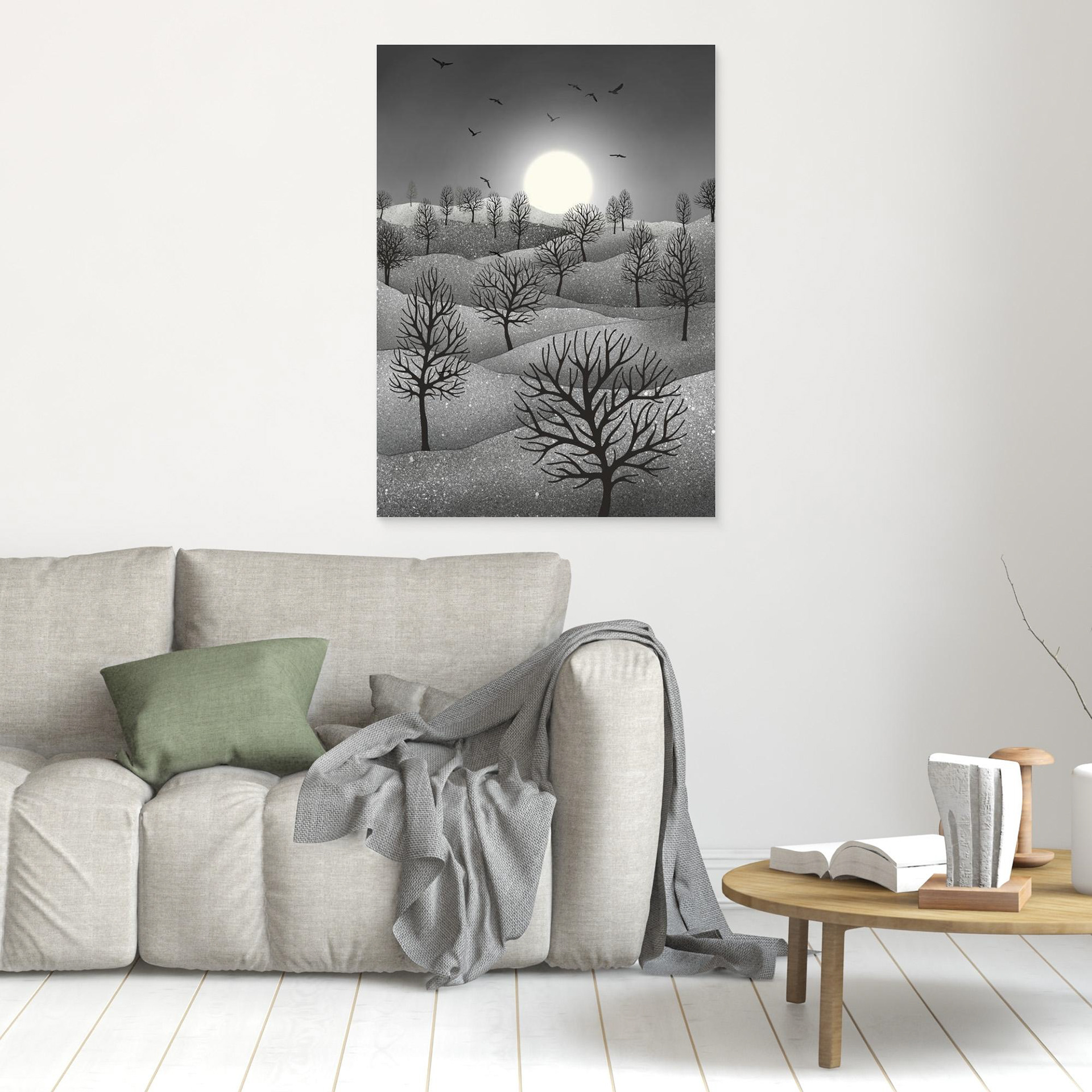 Winter Sparkles, artwork created by Robbie William for WalkinHISlight, depicting a landscape dotted with various trees with the sun shining in the background and birds flying. Reductive in nature. Shades of white, grey through to black.. Available as a canvas print and paper print framed or unframed in various sizes. Contemporary/modern in style..