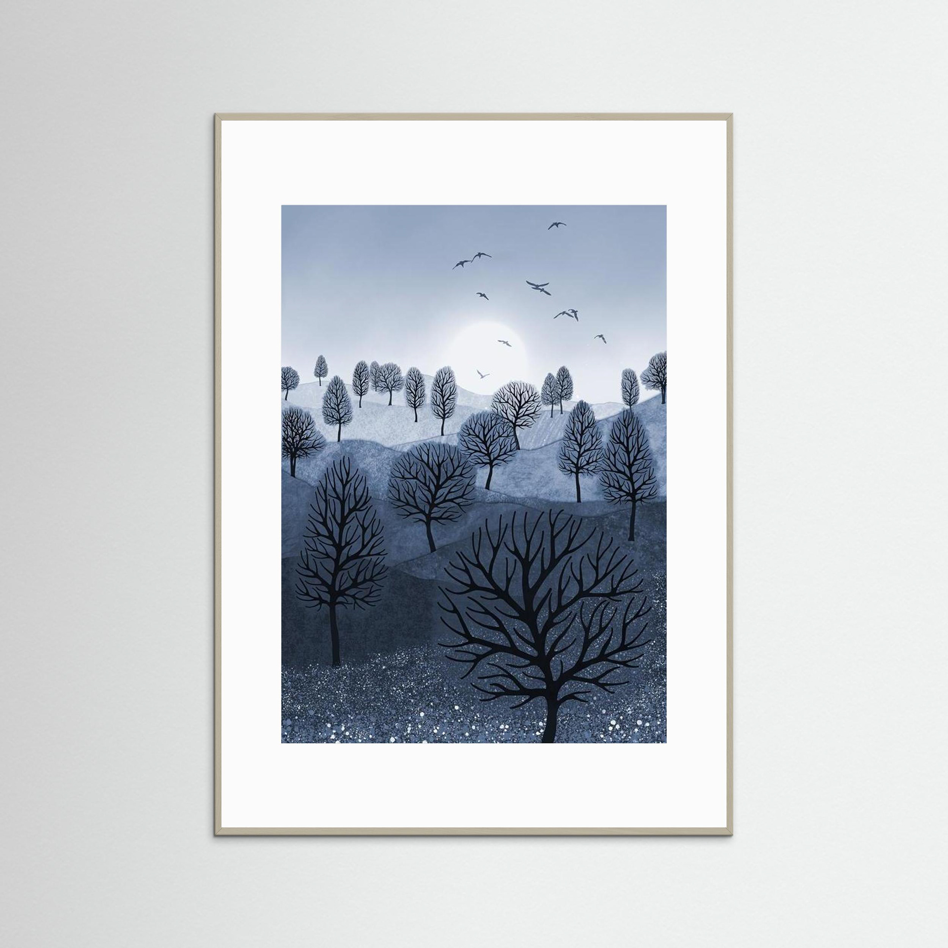 A Splash of Colour 'Blue' created by Robbie William for WalkinHISlight,, artwork depicting a landscape dotted with various trees with the sun shining in the background, with a field of flowers in the foreground and birds flying. Reductive in nature. Shades of white, blue,, through to black.  Available as a canvas print and paper print framed or unframed in various sizes. Contemporary/modern in style..