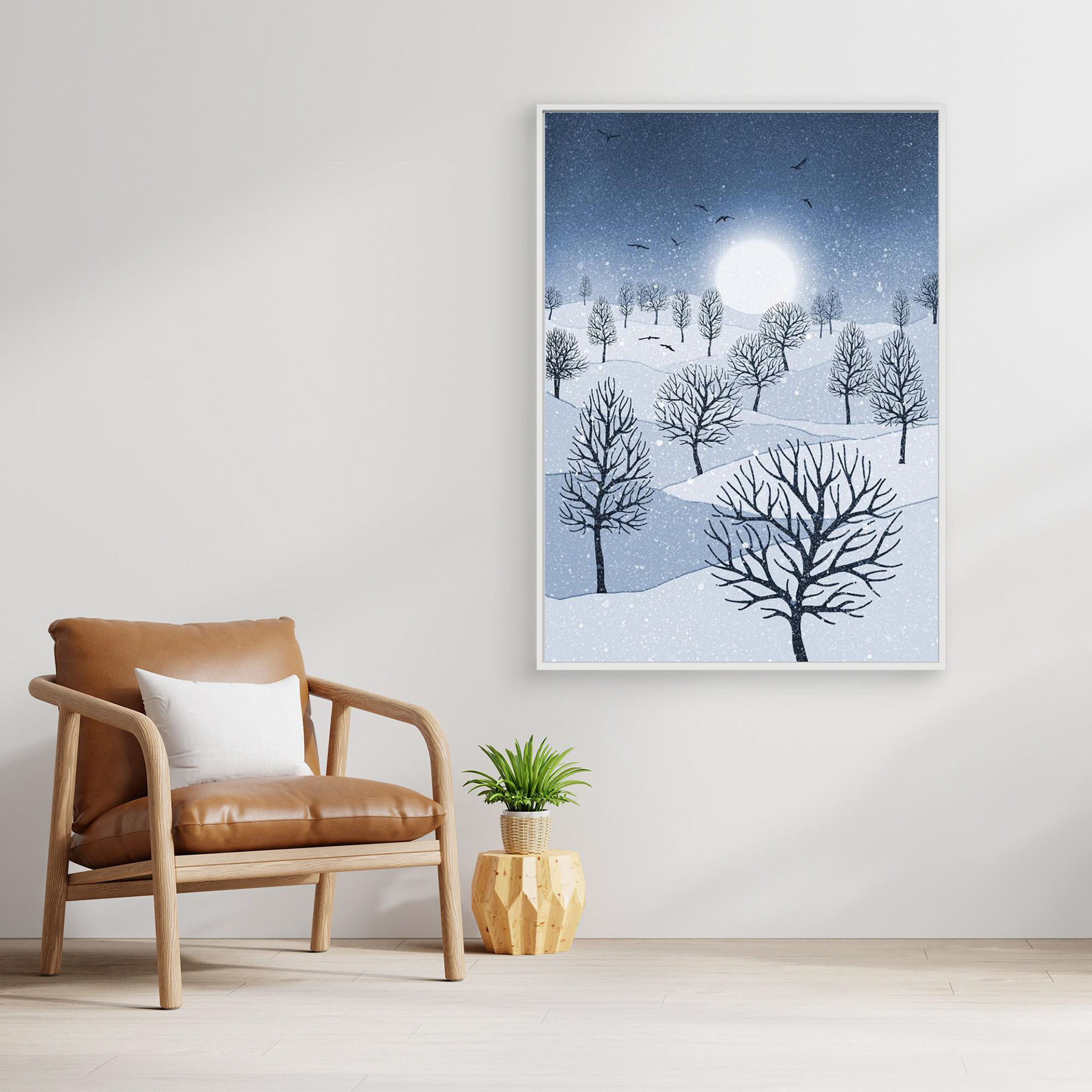 Winter Sun, artwork created by Robbie William for WalkinHISlight, depicting snow falling on a landscape dotted with various trees with the sun shining in the background and birds flying. Reductive in nature. Shades of white, blue through to black.. Available as a canvas print and paper print framed or unframed in various sizes. Contemporary/modern in style. 