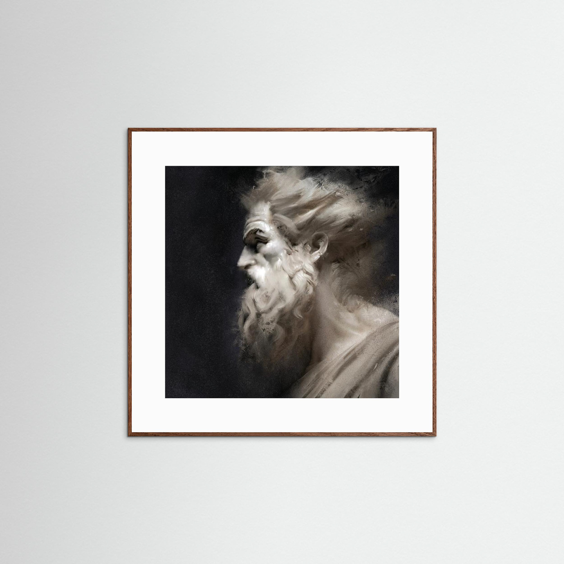 Artwork depicting the head and shoulders, side view, of a bearded man. Historical in nature. Shades of white, ivory to black. Available as a canvas print and paper print framed or unframed in various sizes. Contemporary/modern in style.