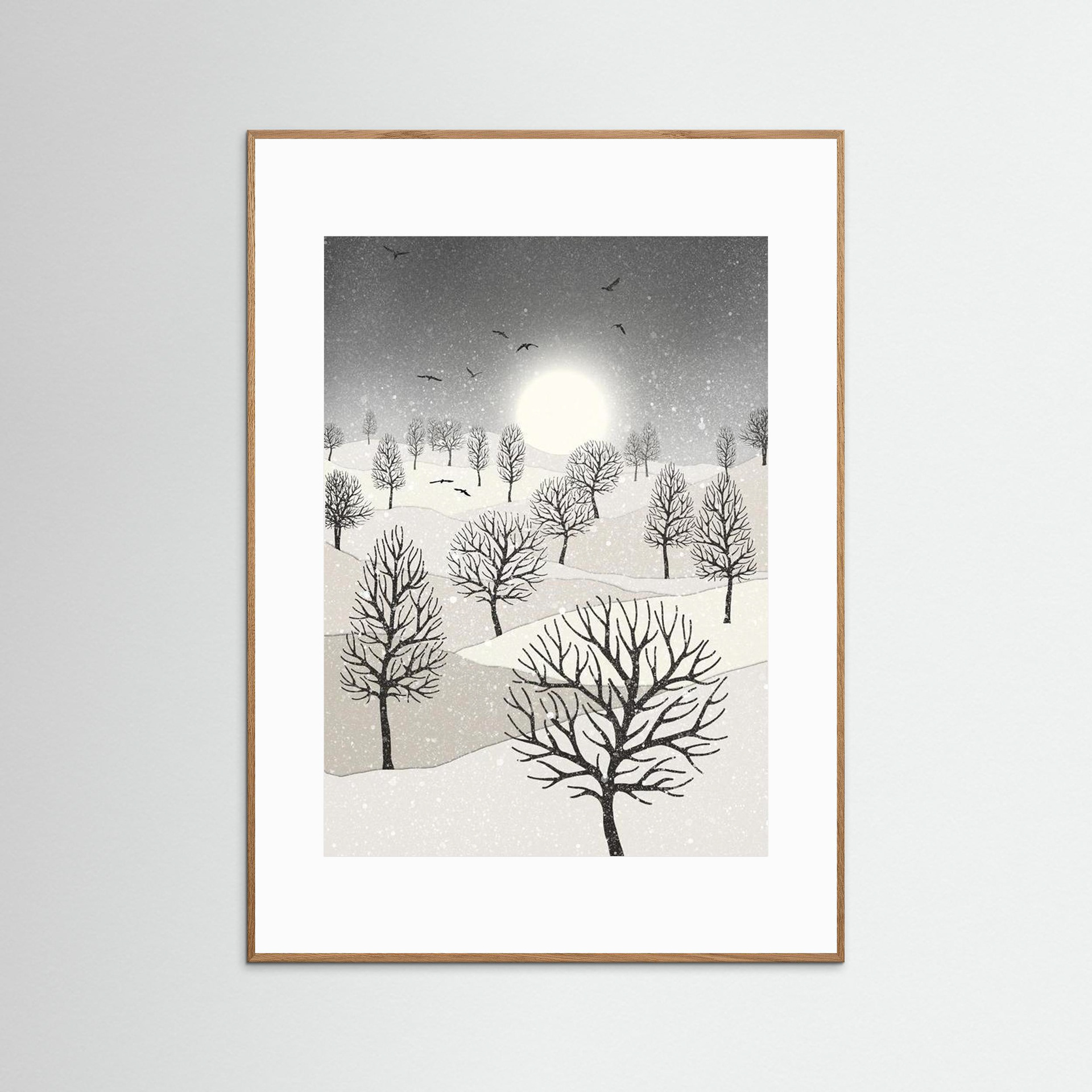 Winter Sun, artwork created by Robbie William for WalkinHISlight, depicting snow falling on a landscape dotted with various trees with the sun shining in the background and birds flying. Reductive in nature. Shades of white, grey's through to black.. Available as a canvas print and paper print framed or unframed in various sizes. Contemporary/modern in style..