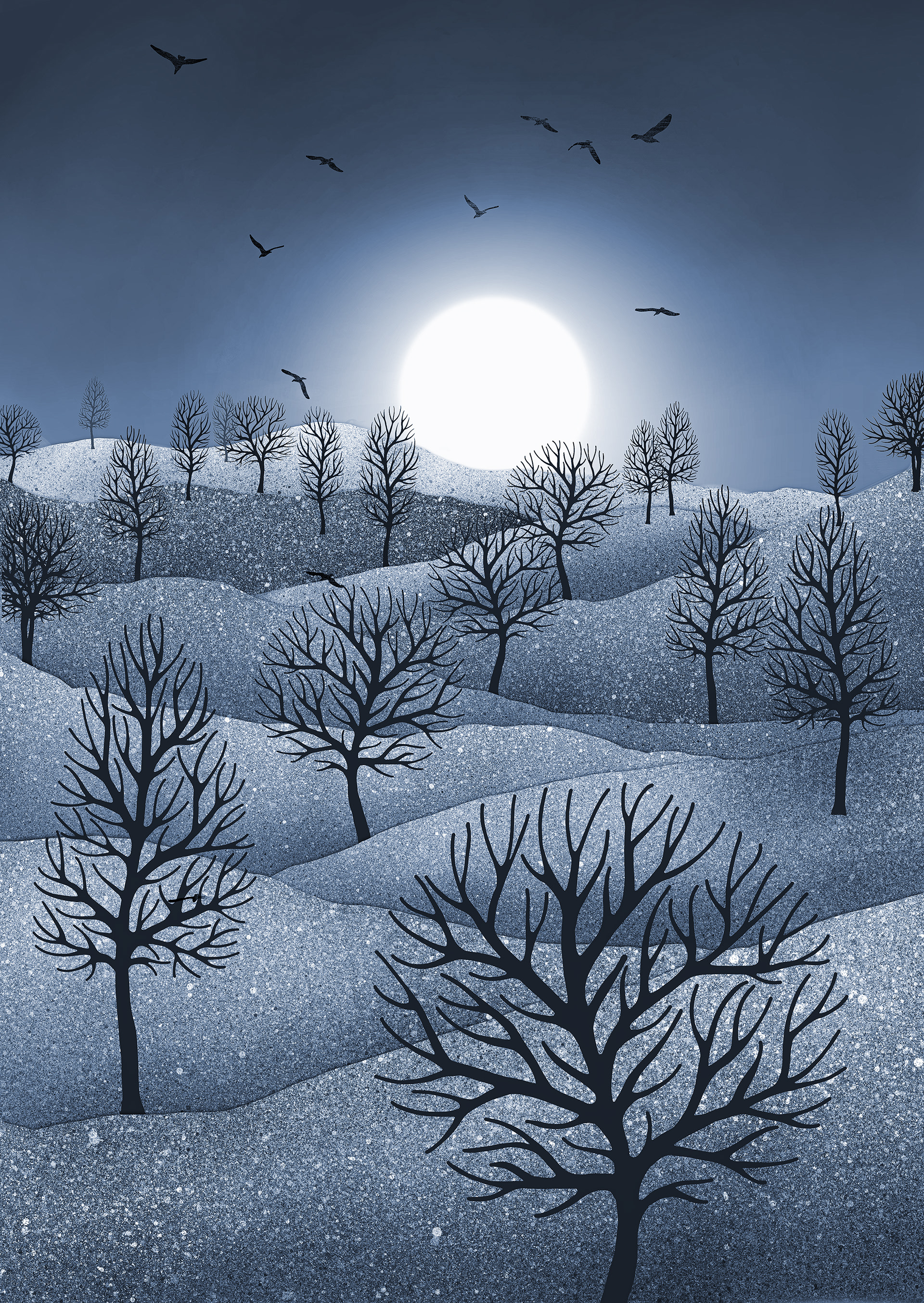 Winter Sparkles,'Blue' artwork created by Robbie William for WalkinHISlight, depicting a landscape dotted with various trees with the sun shining in the background and birds flying. Reductive in nature. Shades of white, blue through to black.. Available as a canvas print and paper print framed or unframed in various sizes. Contemporary/modern in style..