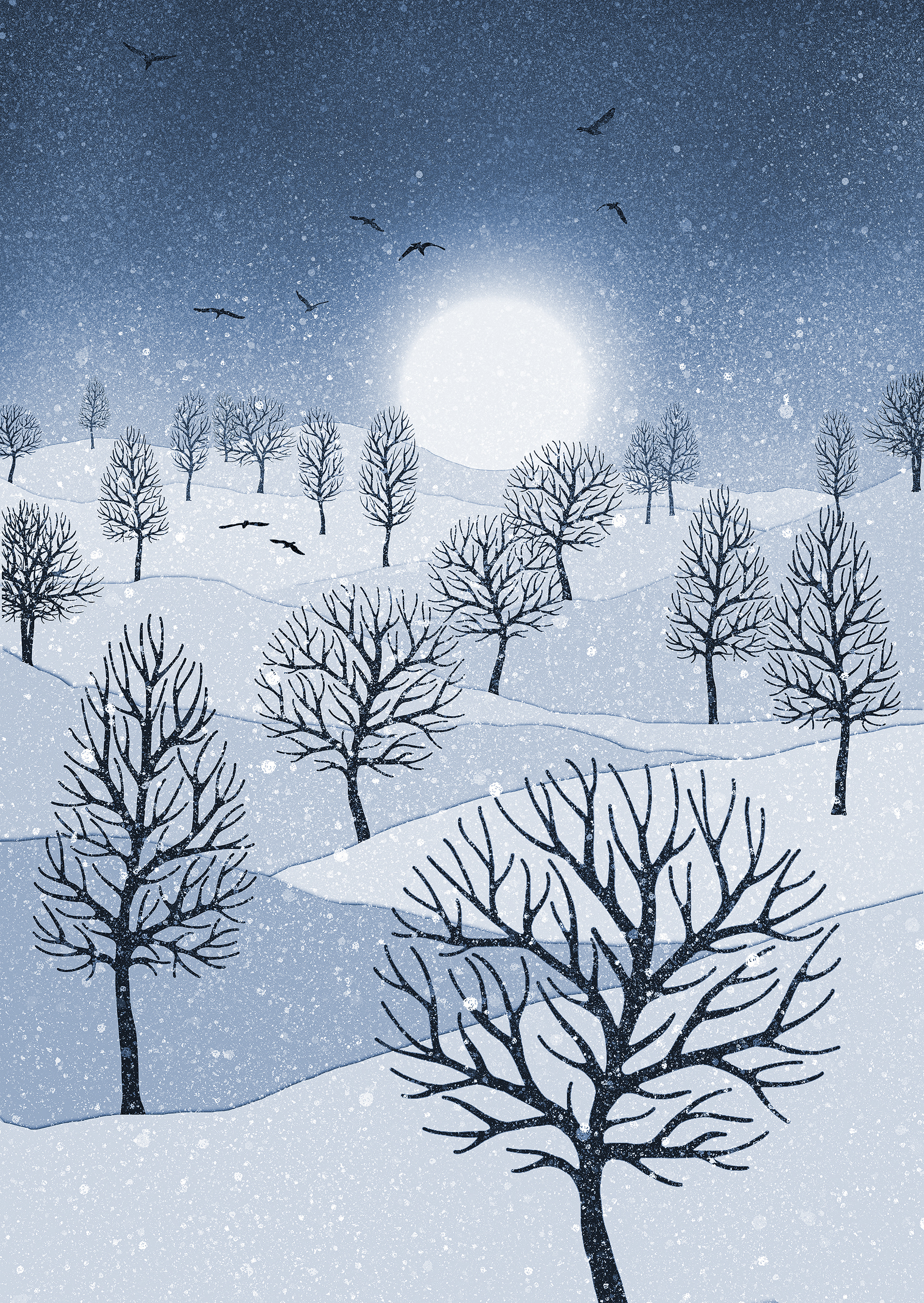 Winter Sun, artwork created by Robbie William for WalkinHISlight, depicting snow falling on a landscape dotted with various trees with the sun shining in the background and birds flying. Reductive in nature. Shades of white, blue through to black.. Available as a canvas print and paper print framed or unframed in various sizes. Contemporary/modern in style. 