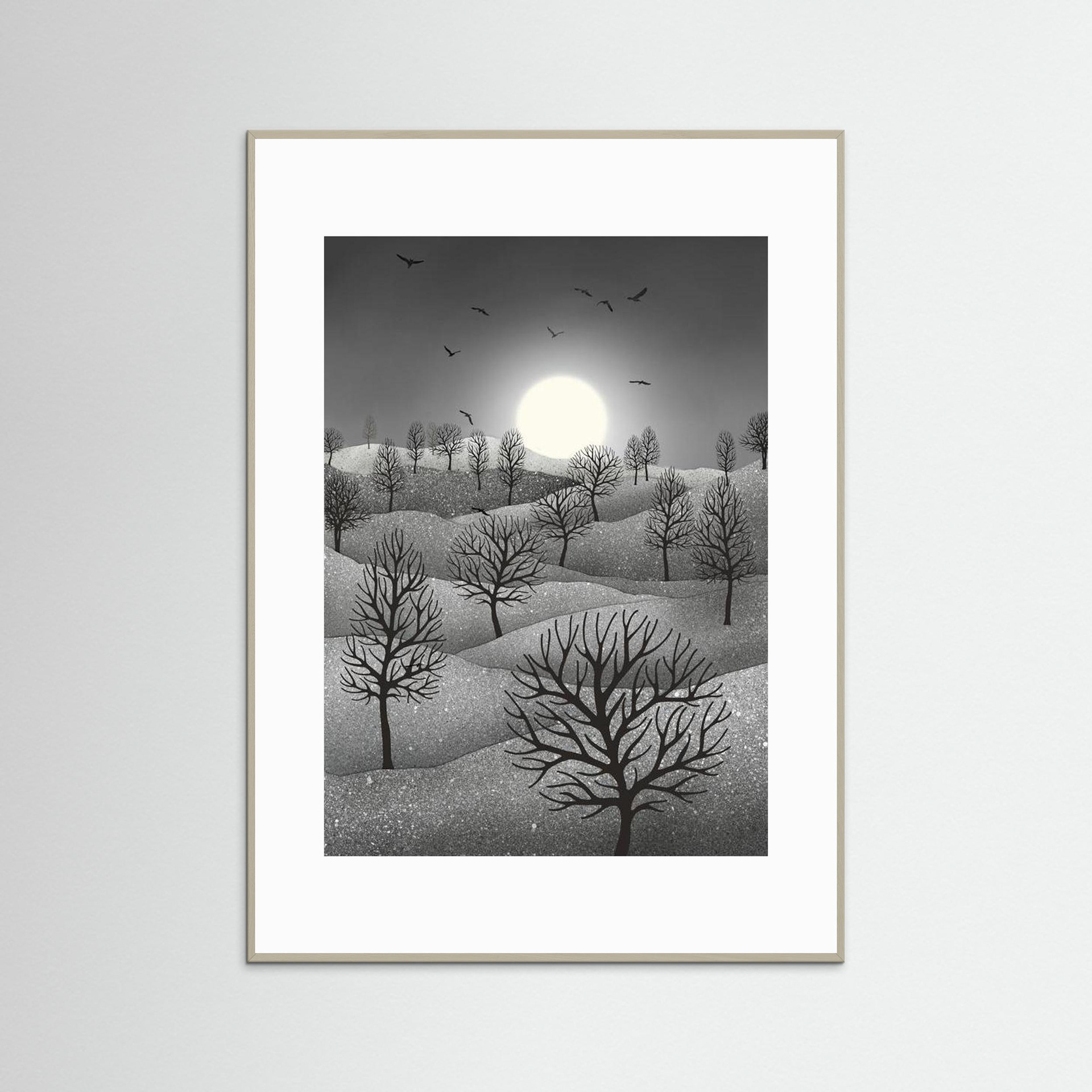 Winter Sparkles, artwork created by Robbie William for WalkinHISlight, depicting a landscape dotted with various trees with the sun shining in the background and birds flying. Reductive in nature. Shades of white, grey through to black.. Available as a canvas print and paper print framed or unframed in various sizes. Contemporary/modern in style..