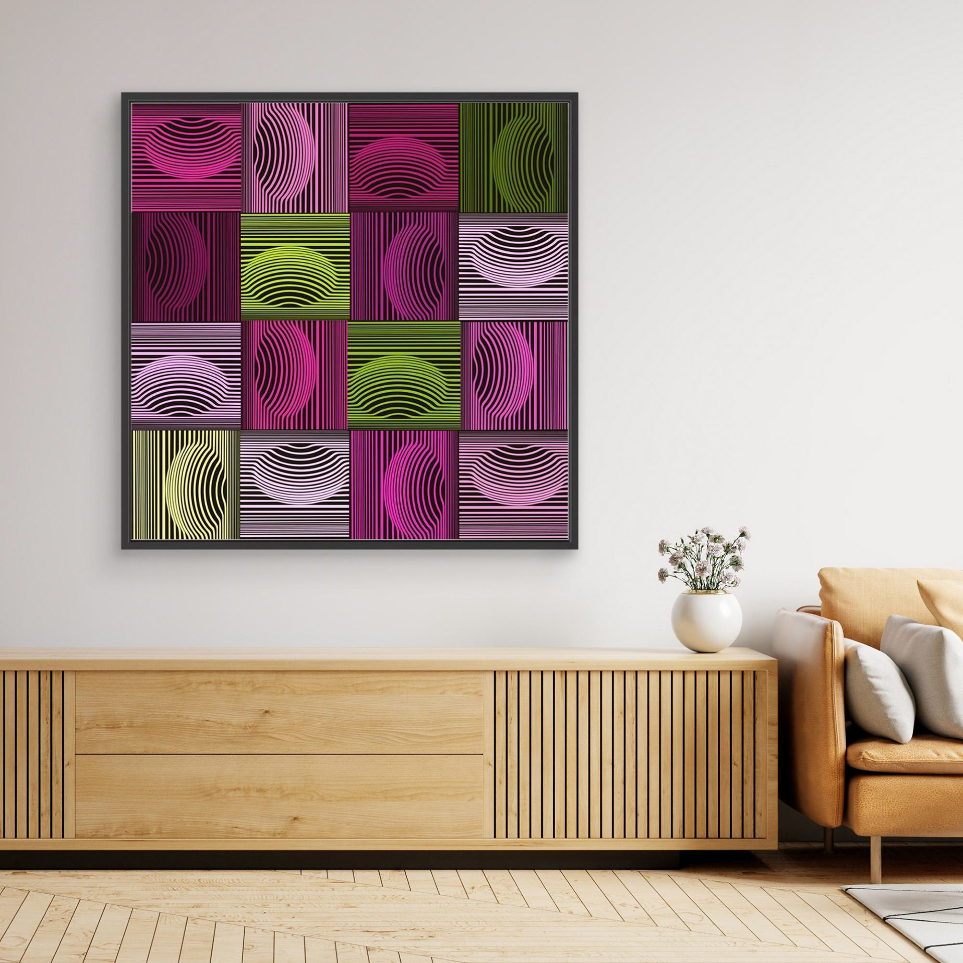 Dimple & Pimples -1 artwork created by Robbie William for WalkinHISlight depicting an abstract pattern. Shades of green and pink. Available as a canvas print and paper print framed or unframed in various sizes. Contemporary/modern in style.