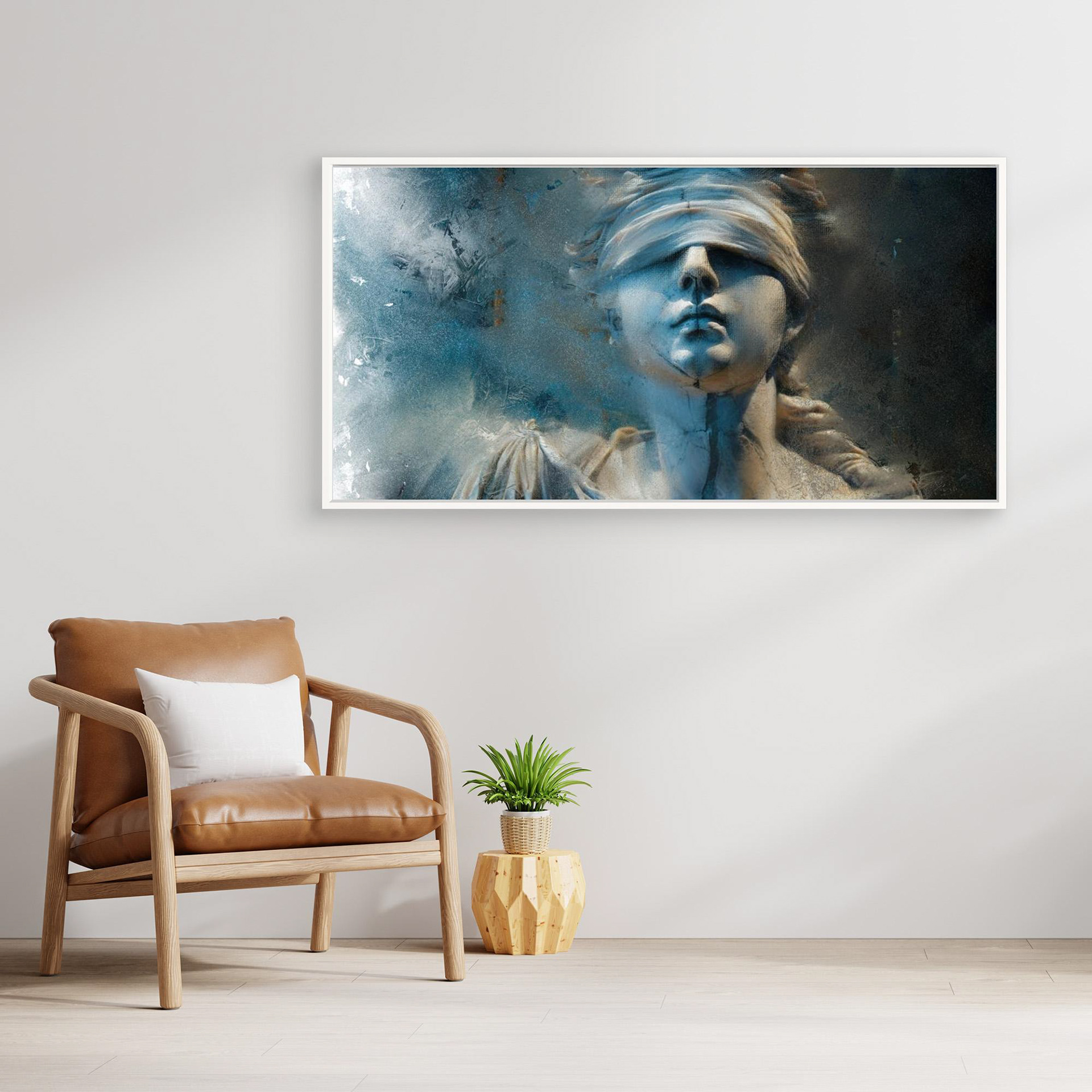 Lady Justice artwork created by Robbie William for WalkinHISlight depicting Lady Justice in shades of blue to black. Blind folded figure. Available as a canvas print and paper print framed or unframed. Contemporary in style.