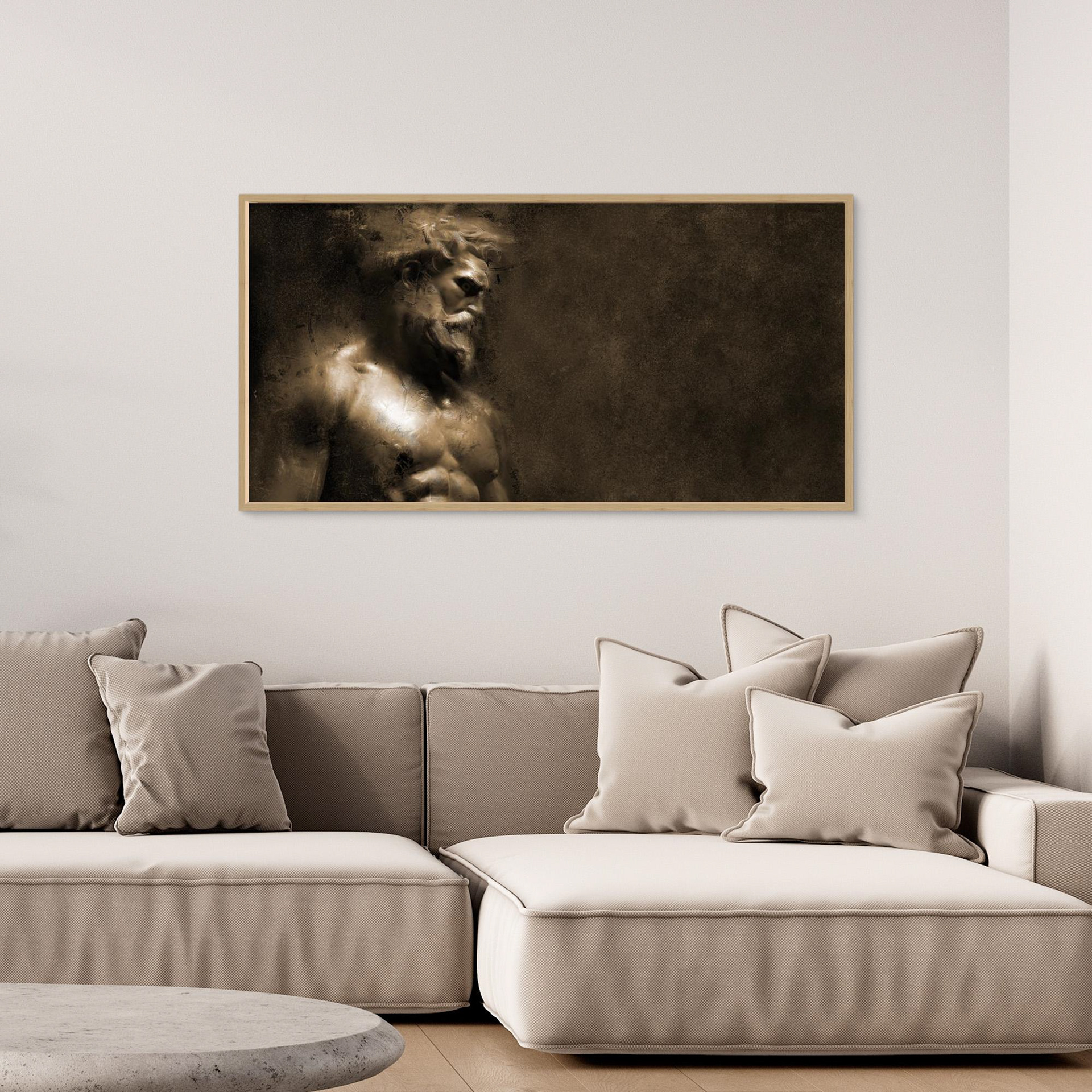 Creation artwork created by Robbie William for WalkinHISlight depicting bearded mans head and torso looking down.. Historical in nature. Shades of white, bronze to black. Available as a canvas print and paper print framed or unframed in various sizes. Contemporary/modern in style.