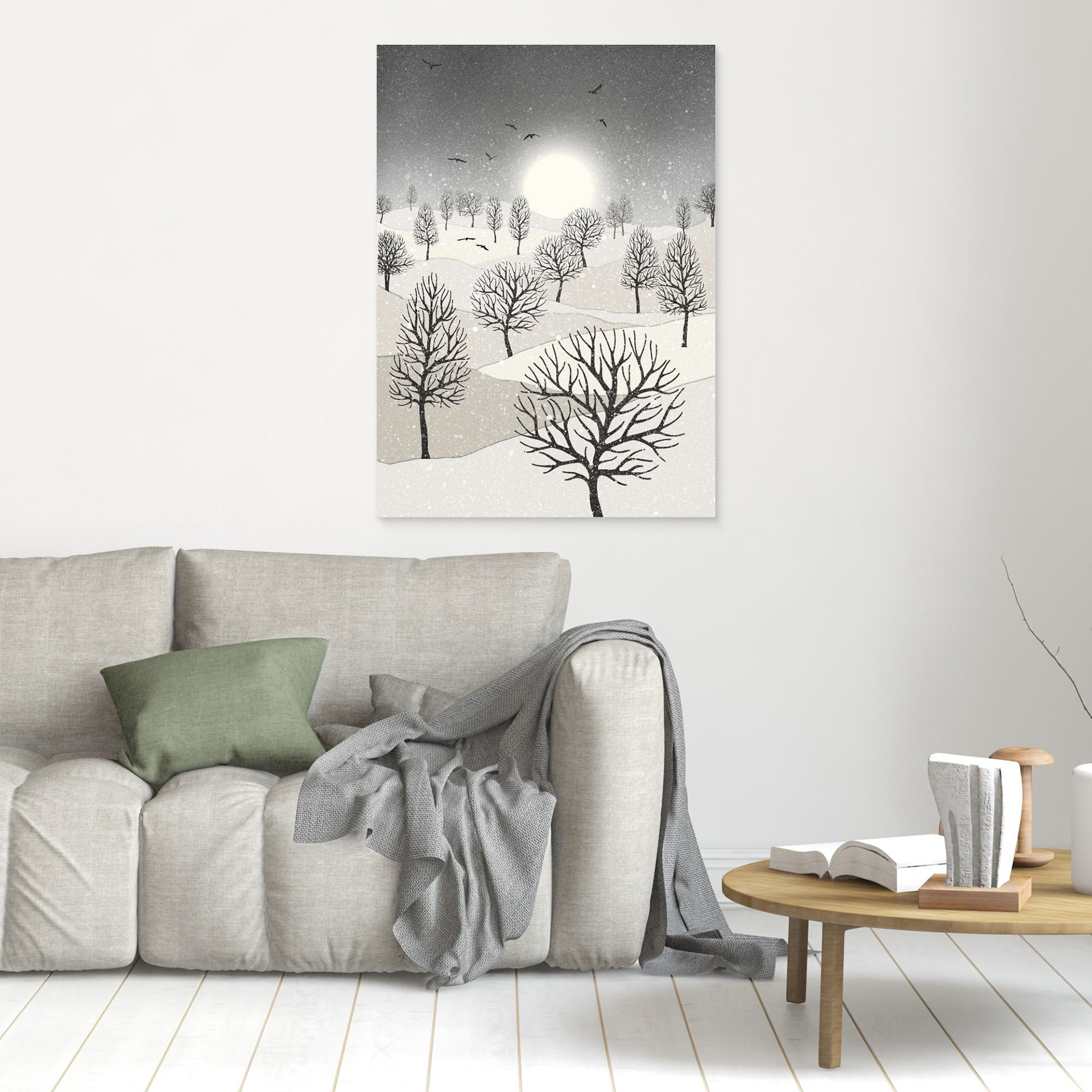Winter Sun, artwork created by Robbie William for WalkinHISlight, depicting snow falling on a landscape dotted with various trees with the sun shining in the background and birds flying. Reductive in nature. Shades of white, grey's through to black.. Available as a canvas print and paper print framed or unframed in various sizes. Contemporary/modern in style..