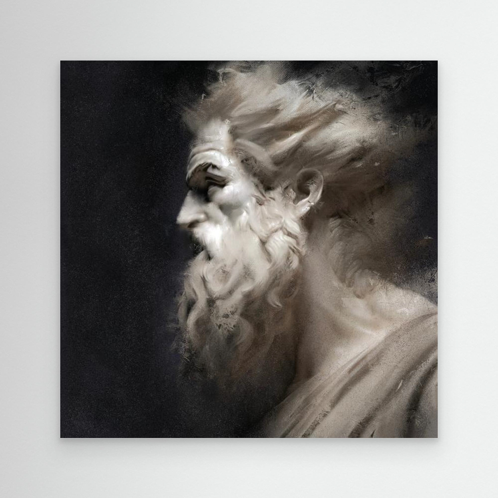 Fury artwork created by Robbie William for WalkinHISlight depicting the head and shoulders, side view, of a bearded man. Historical in nature. Shades of white, ivory to black. Available as a canvas print and paper print framed or unframed in various sizes. Contemporary/modern in style.