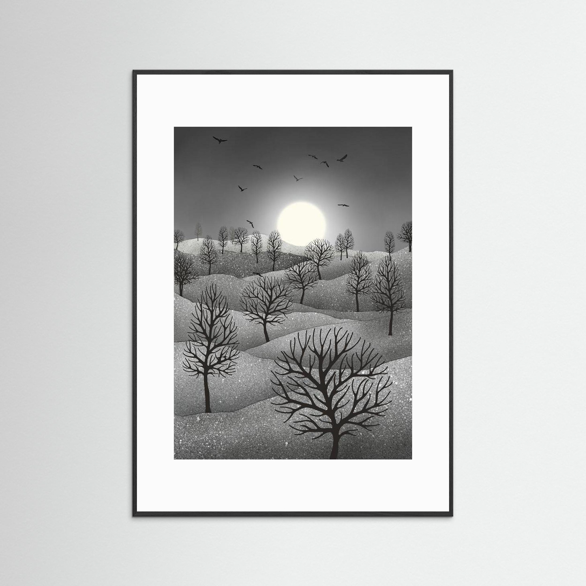 Winter Sparkles, artwork created by Robbie William for WalkinHISlight, depicting a landscape dotted with various trees with the sun shining in the background and birds flying. Reductive in nature. Shades of white, grey through to black.. Available as a canvas print and paper print framed or unframed in various sizes. Contemporary/modern in style..