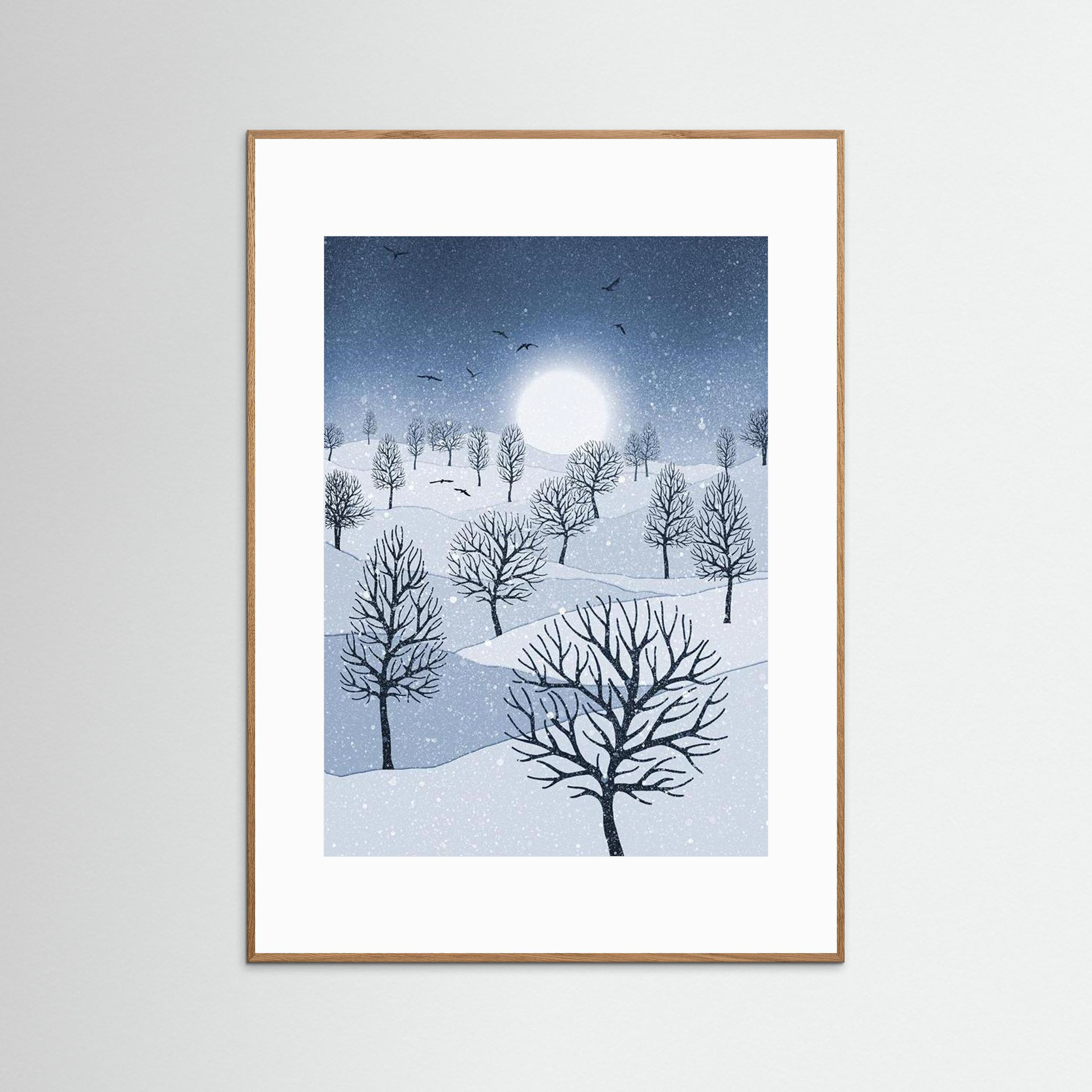 Winter Sun, artwork created by Robbie William for WalkinHISlight, depicting snow falling on a landscape dotted with various trees with the sun shining in the background and birds flying. Reductive in nature. Shades of white, blue through to black.. Available as a canvas print and paper print framed or unframed in various sizes. Contemporary/modern in style. 