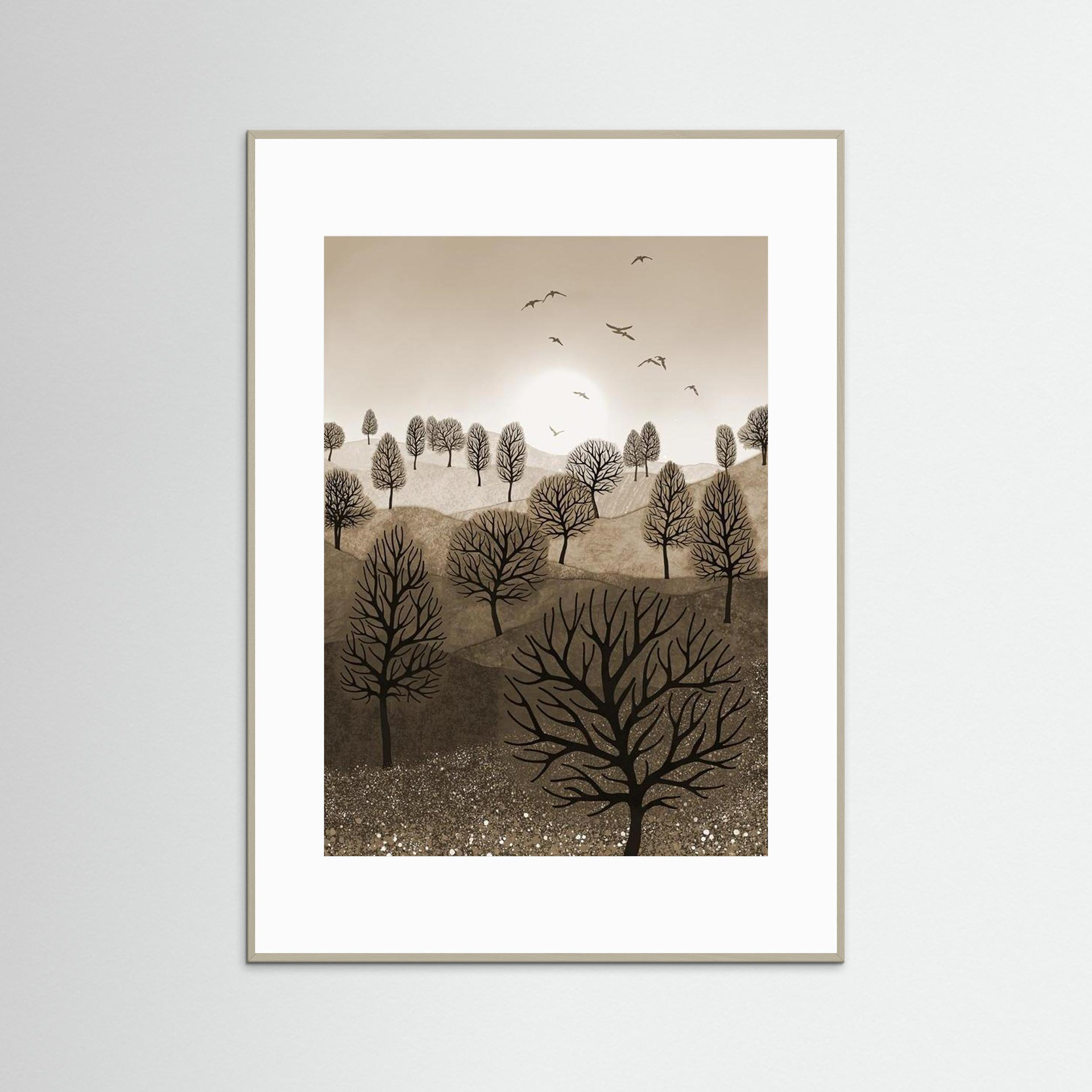 A Splash of Colour 'Sepia' created by Robbie William for WalkinHISlight,, artwork depicting a landscape dotted with various trees with the sun shining in the background, with a field of flowers in the forground and birds flying. Reductive in nature. Shades of white, beige, browns through to black.  Available as a canvas print and paper print framed or unframed in various sizes. Contemporary/modern in style..