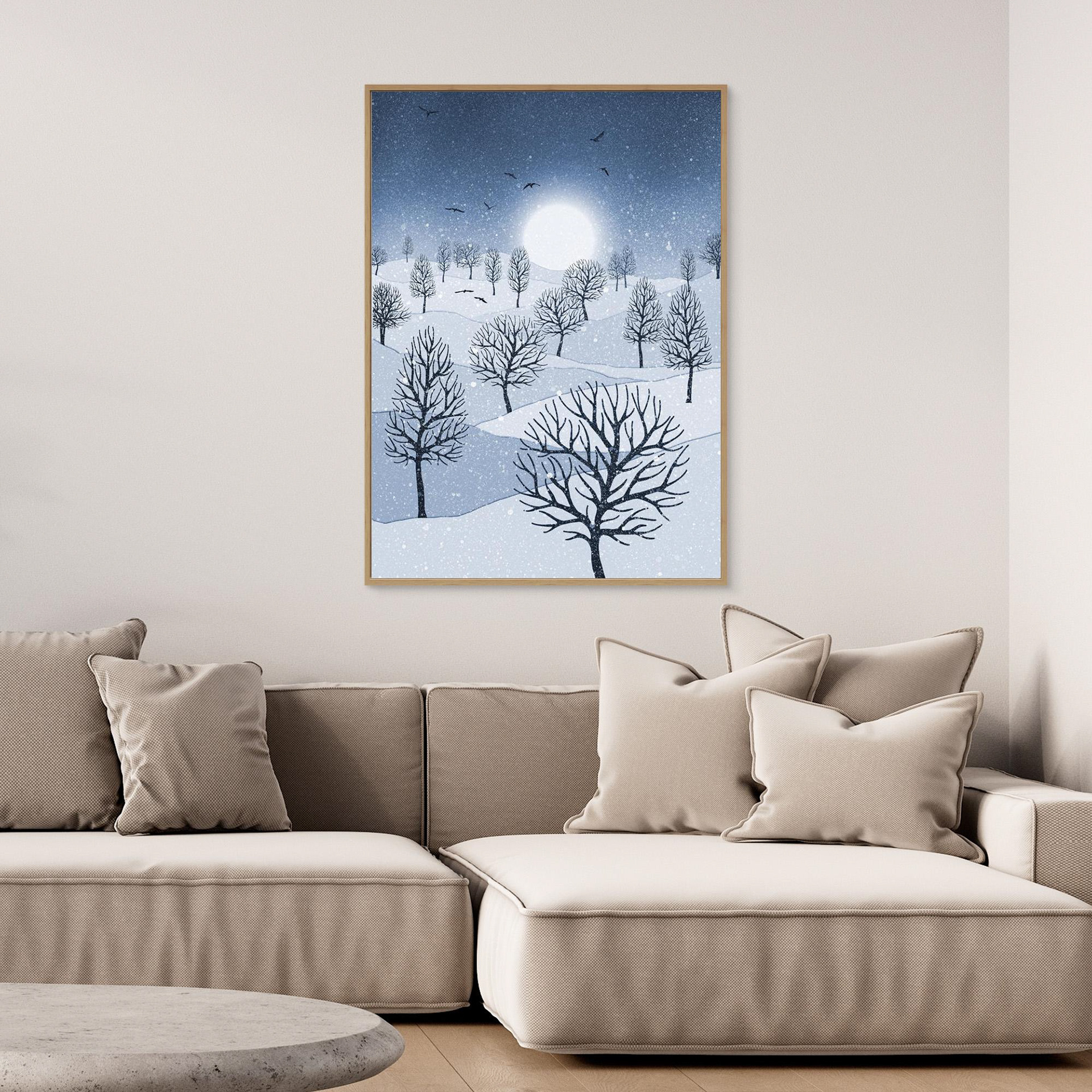 Winter Sun, artwork created by Robbie William for WalkinHISlight, depicting snow falling on a landscape dotted with various trees with the sun shining in the background and birds flying. Reductive in nature. Shades of white, blue through to black.. Available as a canvas print and paper print framed or unframed in various sizes. Contemporary/modern in style. 