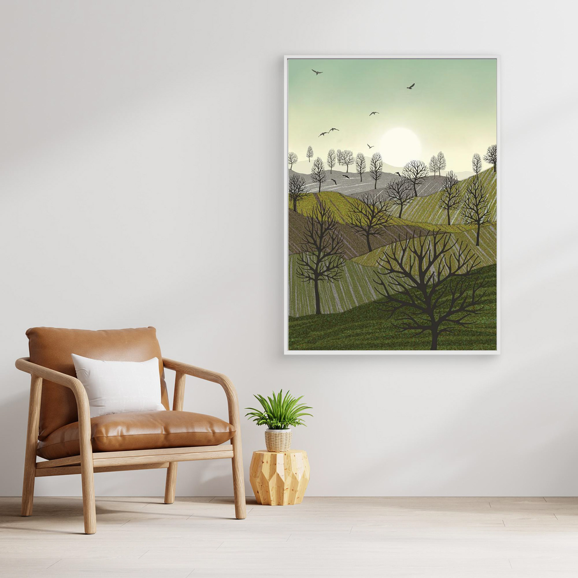 Over the Hills created by Robbie William for WalkinHISlight,, artwork depicting a landscape dotted with various trees with the sun shining in the background and birds flying. Reductive in nature. Shades of white, grey's, greens through to black.. Available as a canvas print and paper print framed or unframed in various sizes. Contemporary/modern in style..