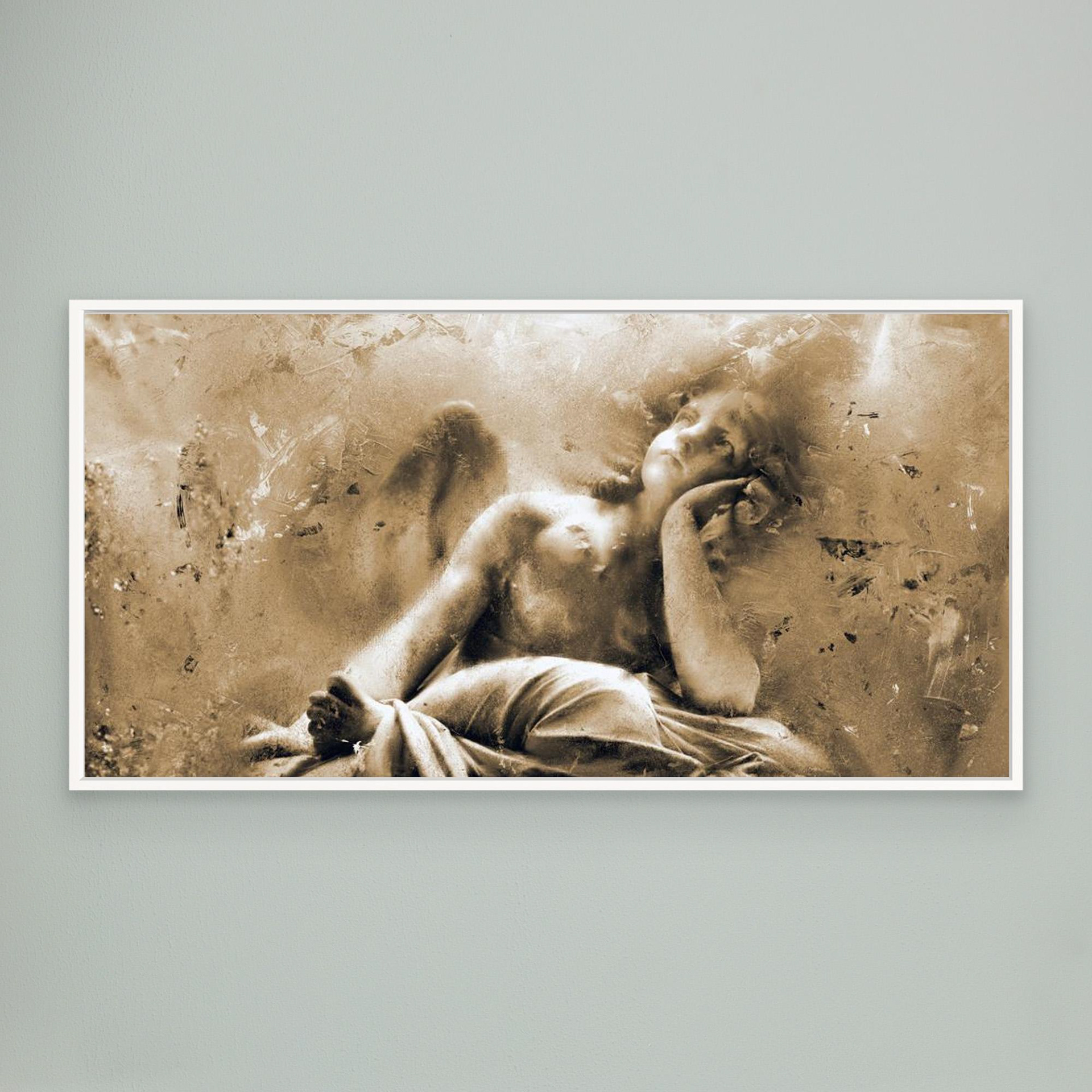 Waiting on the Divine, artwork created by Robbie William for WalkinHISlight depicting an angelic figure sitting looking up. Historical in nature. Shades of white, ivory and beige to black. Available as a canvas print and paper print framed or unframed in various sizes. Contemporary/modern in style.