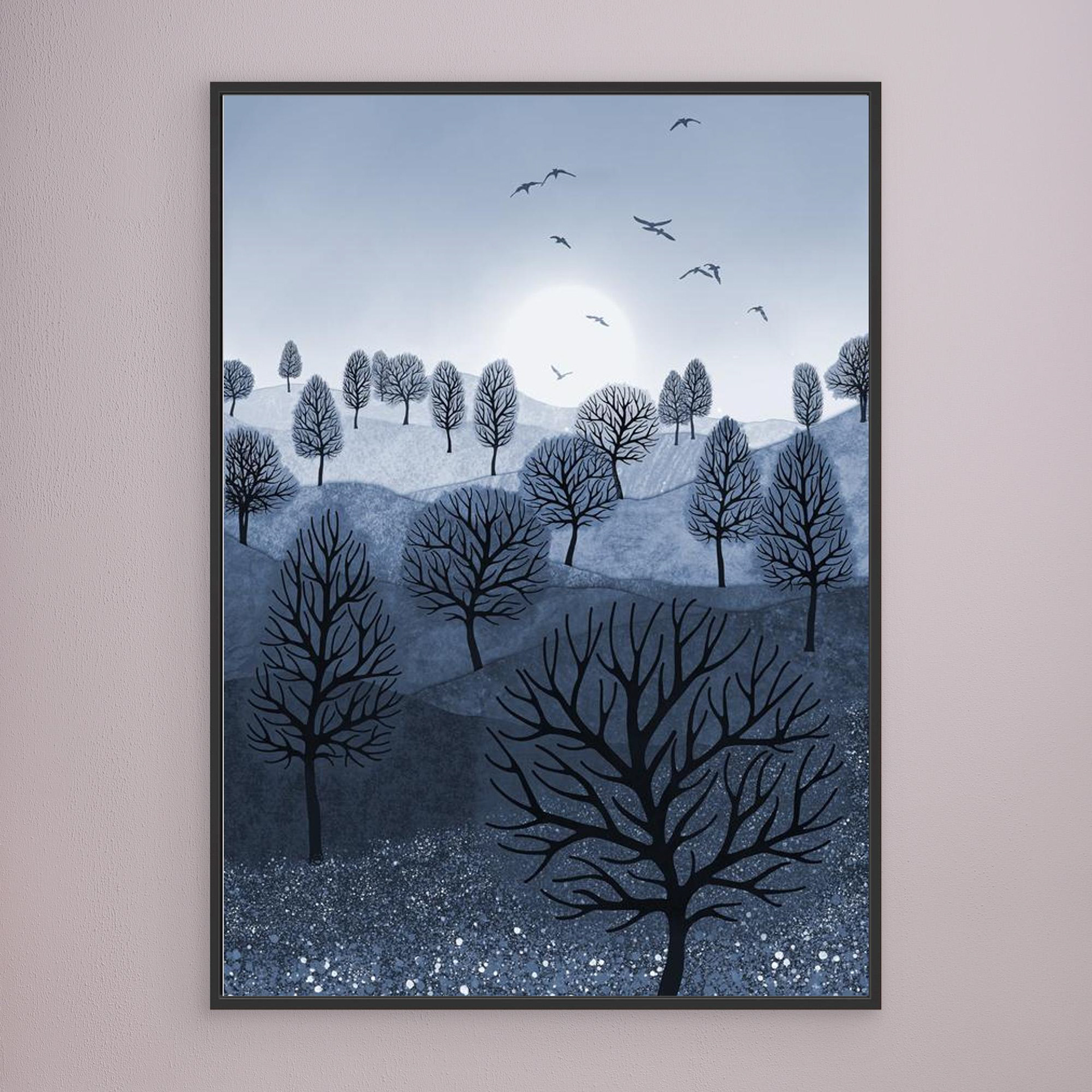 A Splash of Colour 'Blue' created by Robbie William for WalkinHISlight,, artwork depicting a landscape dotted with various trees with the sun shining in the background, with a field of flowers in the foreground and birds flying. Reductive in nature. Shades of white, blue,, through to black.  Available as a canvas print and paper print framed or unframed in various sizes. Contemporary/modern in style..