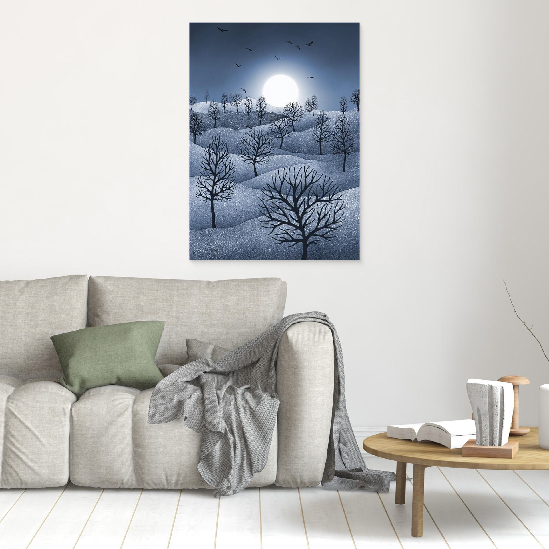 Winter Sparkles,'Blue' artwork created by Robbie William for WalkinHISlight, depicting a landscape dotted with various trees with the sun shining in the background and birds flying. Reductive in nature. Shades of white, blue through to black.. Available as a canvas print and paper print framed or unframed in various sizes. Contemporary/modern in style..