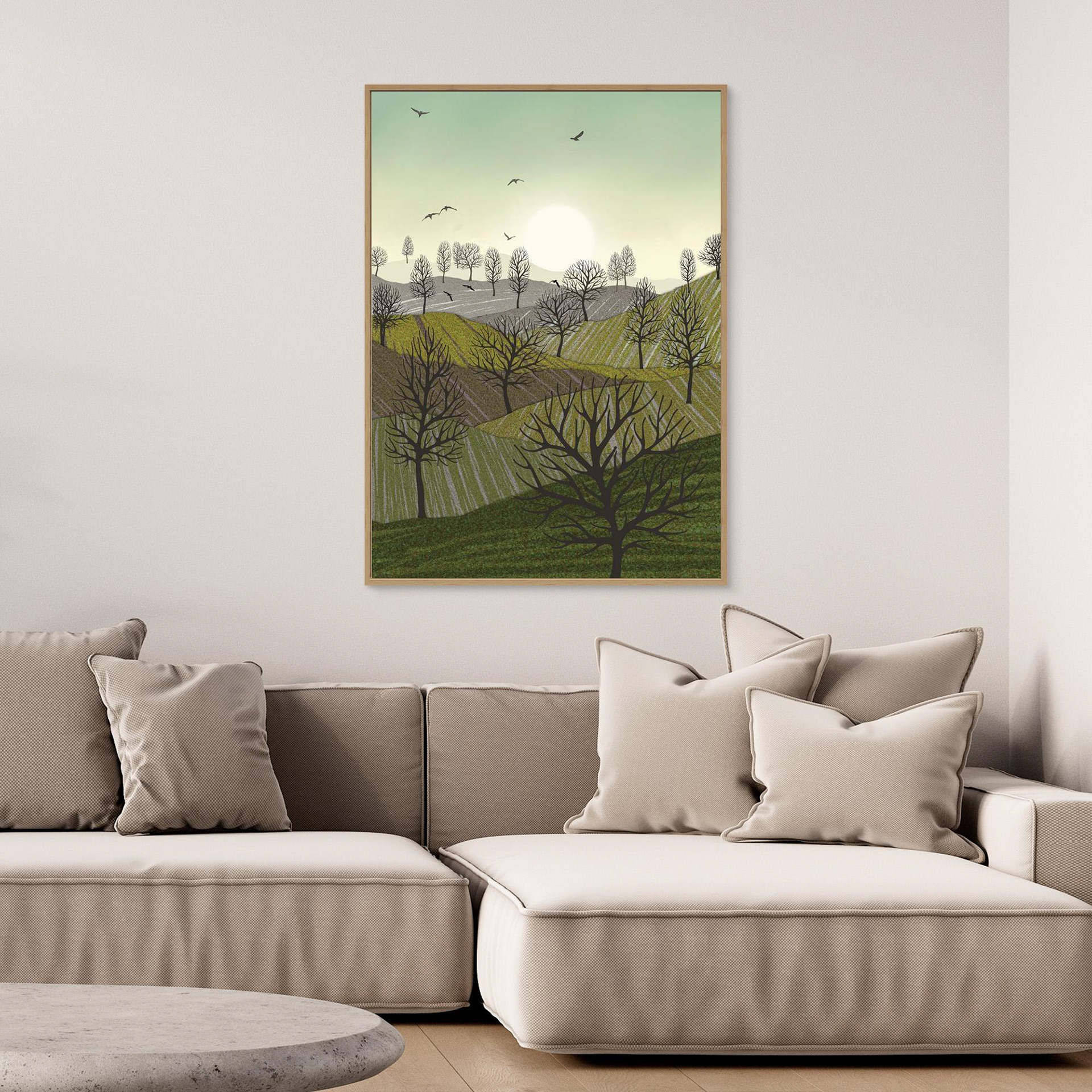 Over the Hills created by Robbie William for WalkinHISlight,, artwork depicting a landscape dotted with various trees with the sun shining in the background and birds flying. Reductive in nature. Shades of white, grey's, greens through to black.. Available as a canvas print and paper print framed or unframed in various sizes. Contemporary/modern in style..