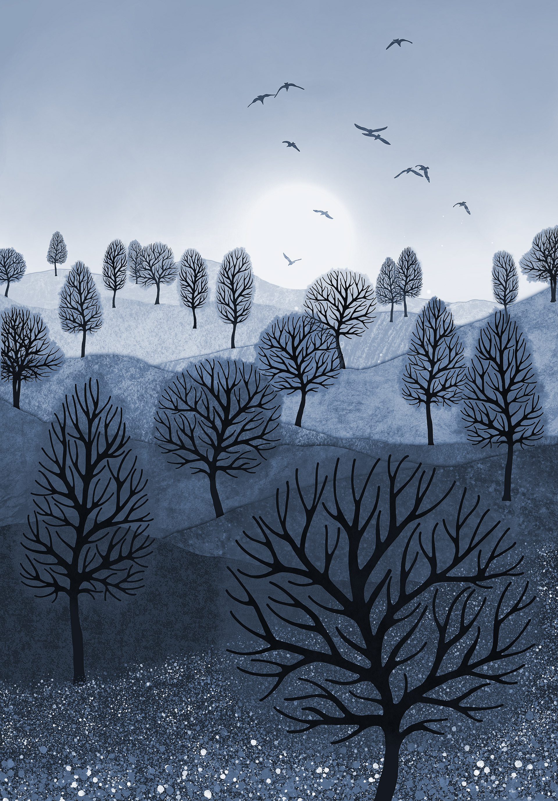 A Splash of Colour 'Blue' created by Robbie William for WalkinHISlight,, artwork depicting a landscape dotted with various trees with the sun shining in the background, with a field of flowers in the foreground and birds flying. Reductive in nature. Shades of white, blue,, through to black.  Available as a canvas print and paper print framed or unframed in various sizes. Contemporary/modern in style..