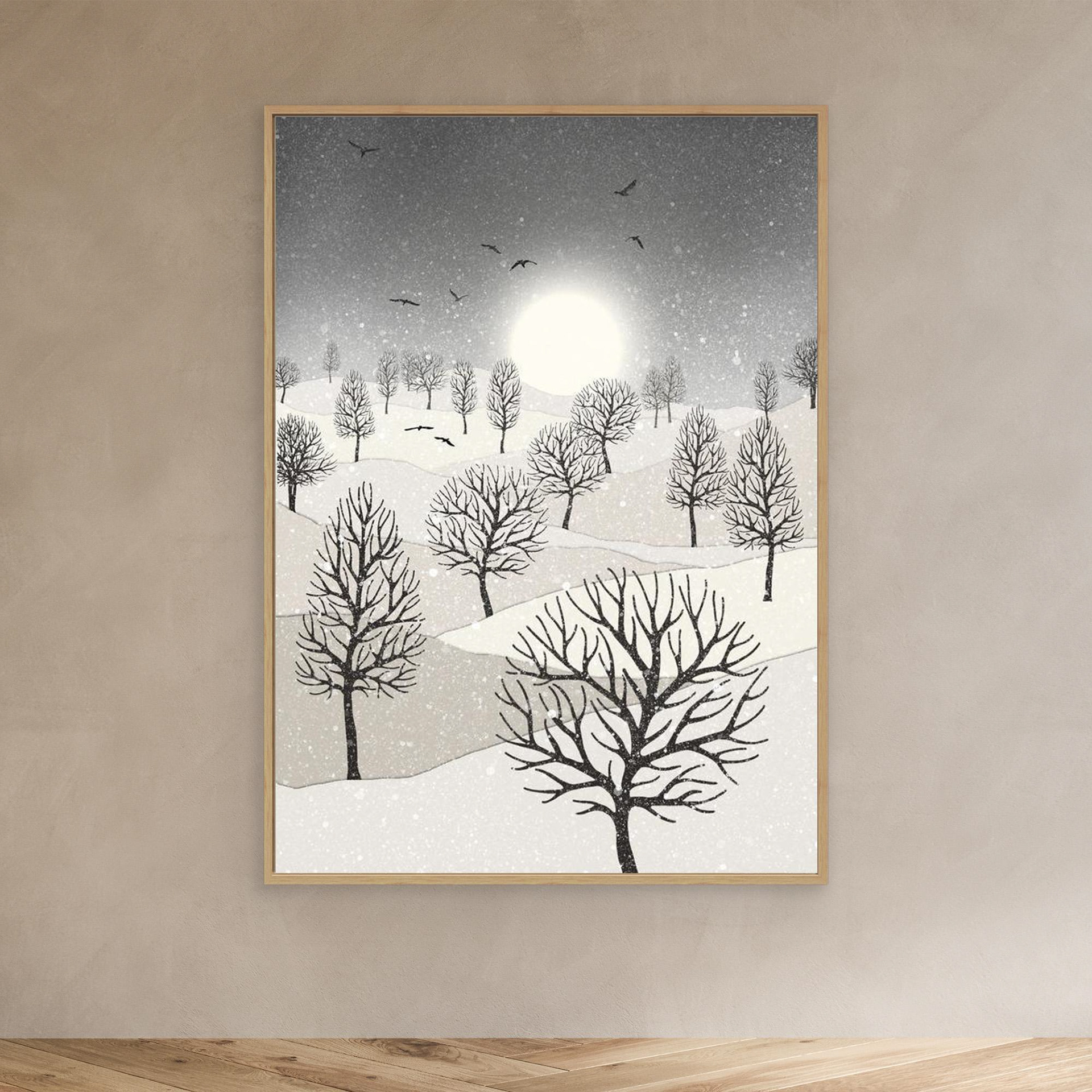 Winter Sun, artwork created by Robbie William for WalkinHISlight, depicting snow falling on a landscape dotted with various trees with the sun shining in the background and birds flying. Reductive in nature. Shades of white, grey's through to black.. Available as a canvas print and paper print framed or unframed in various sizes. Contemporary/modern in style..