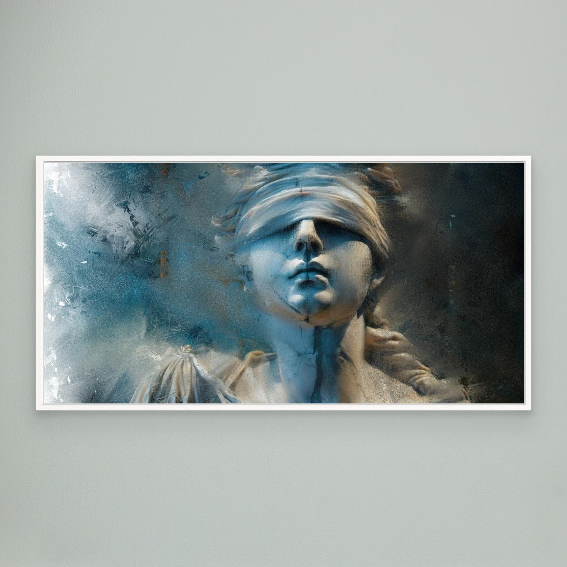 Lady Justice artwork created by Robbie William for WalkinHISlight depicting Lady Justice in shades of blue to black. Blind folded figure. Available as a canvas print and paper print framed or unframed. Contemporary in style.
