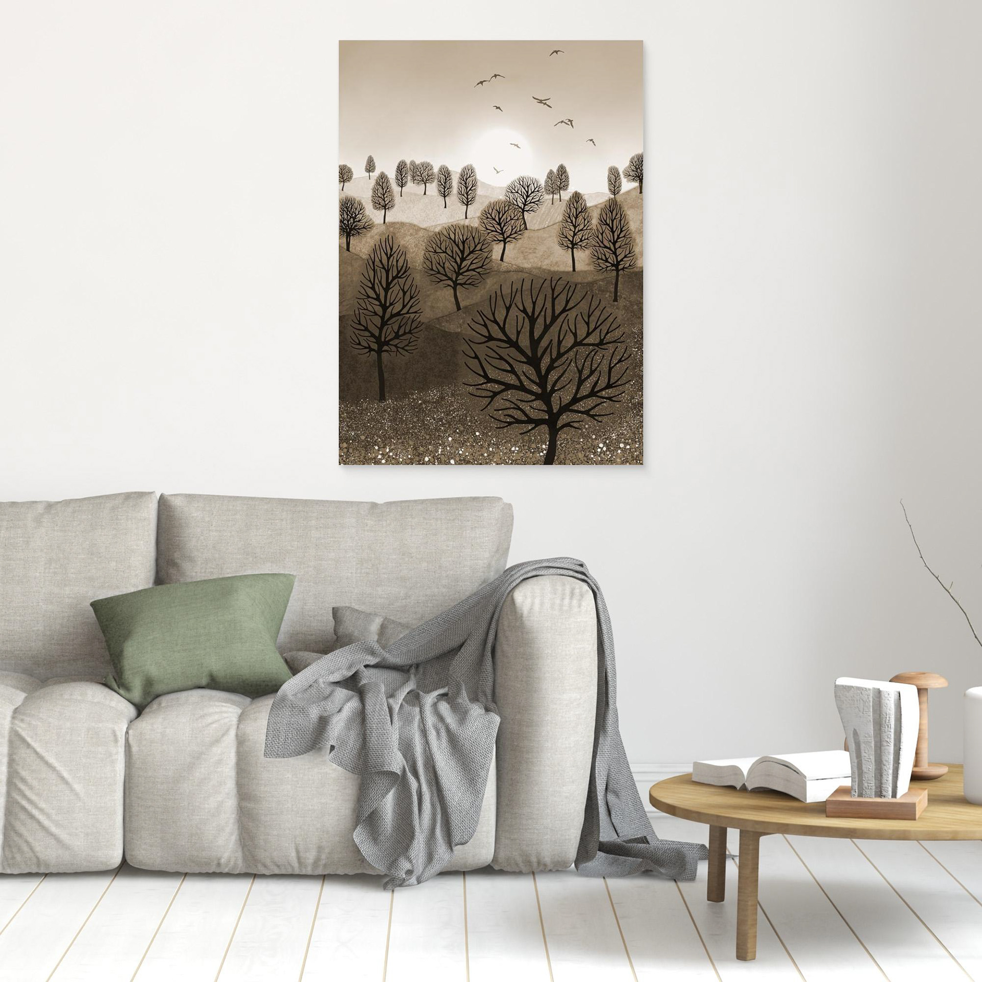 A Splash of Colour 'Sepia' created by Robbie William for WalkinHISlight,, artwork depicting a landscape dotted with various trees with the sun shining in the background, with a field of flowers in the forground and birds flying. Reductive in nature. Shades of white, beige, browns through to black.  Available as a canvas print and paper print framed or unframed in various sizes. Contemporary/modern in style..