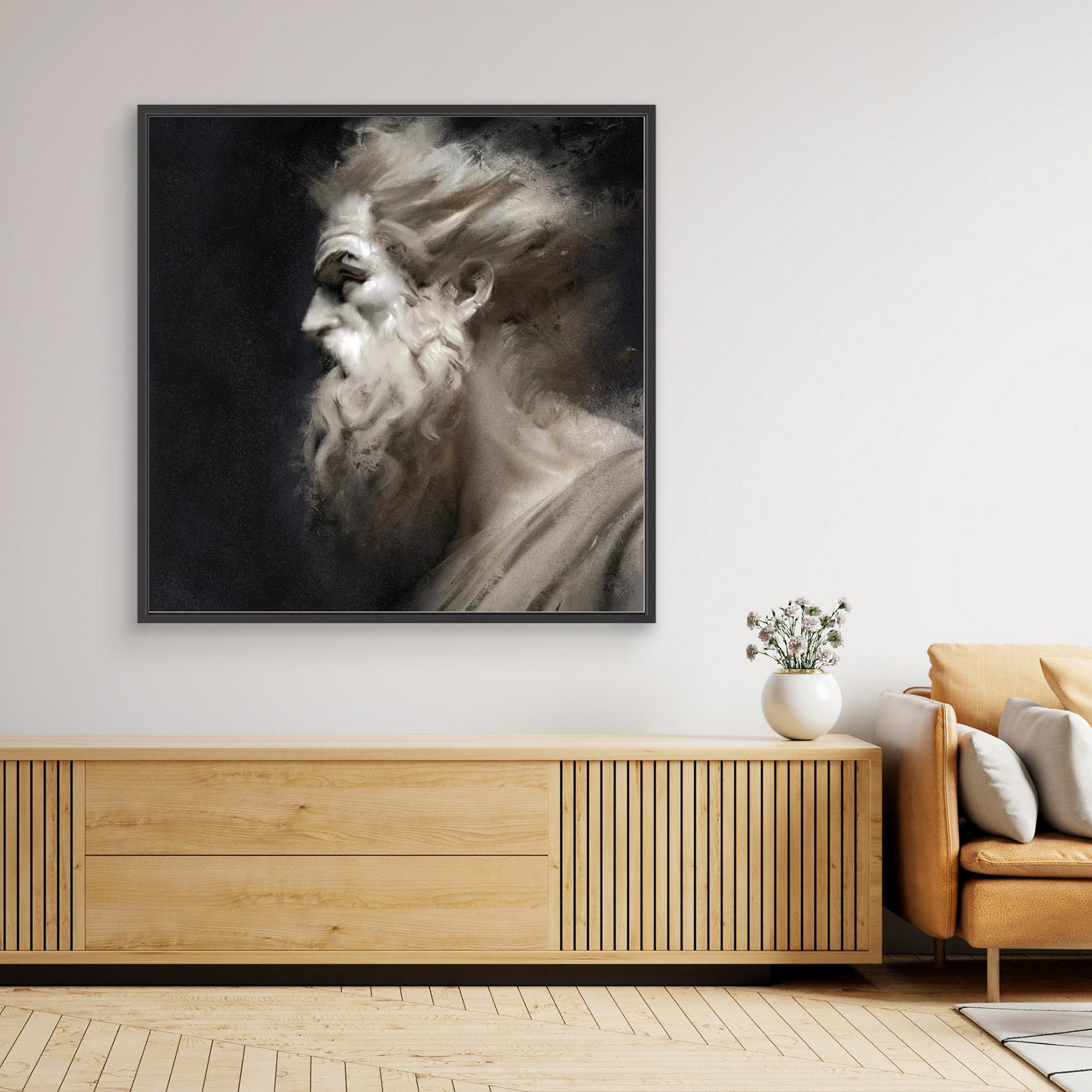 Fury artwork created by Robbie William for WalkinHISlight depicting the head and shoulders, side view, of a bearded man. Historical in nature. Shades of white, ivory to black. Available as a canvas print and paper print framed or unframed in various sizes. Contemporary/modern in style.