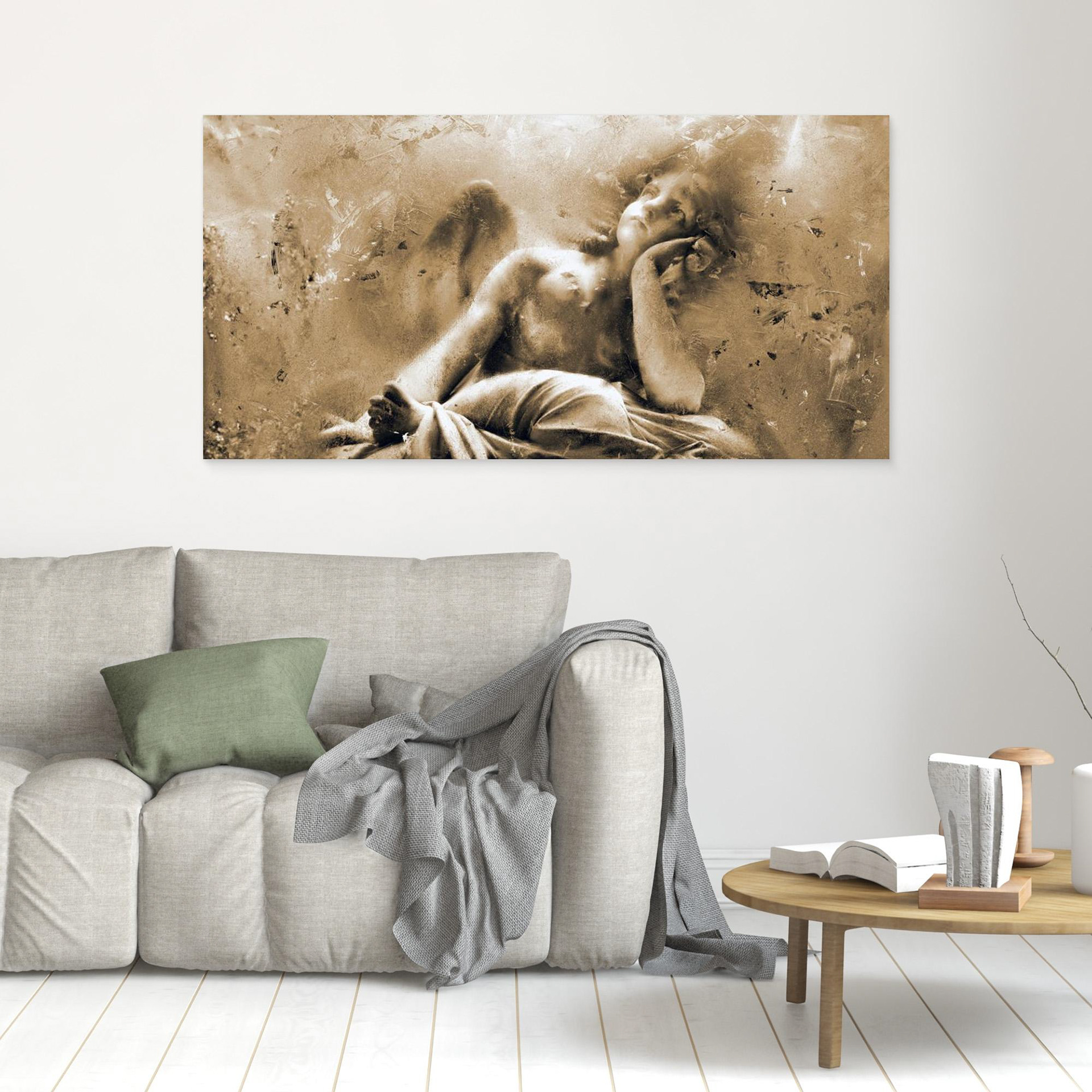 Waiting on the Divine, artwork created by Robbie William for WalkinHISlight depicting an angelic figure sitting looking up. Historical in nature. Shades of white, ivory and beige to black. Available as a canvas print and paper print framed or unframed in various sizes. Contemporary/modern in style.