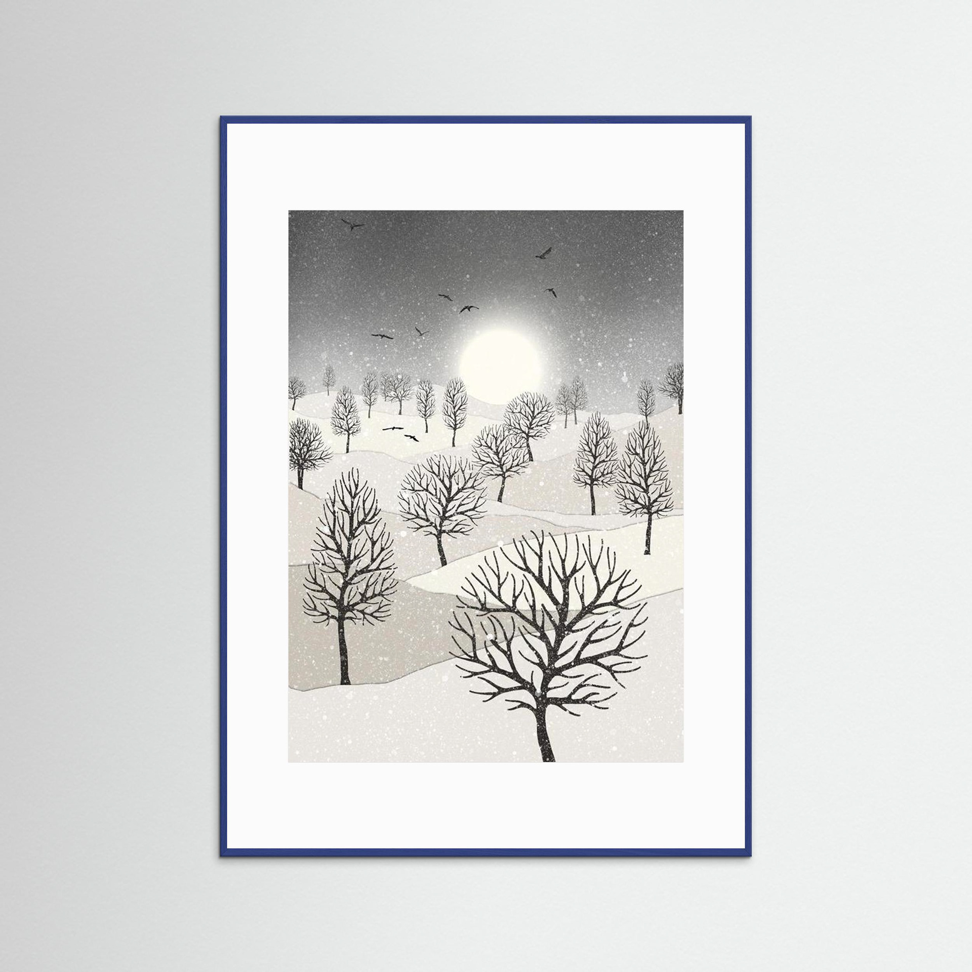 Winter Sun, artwork created by Robbie William for WalkinHISlight, depicting snow falling on a landscape dotted with various trees with the sun shining in the background and birds flying. Reductive in nature. Shades of white, grey's through to black.. Available as a canvas print and paper print framed or unframed in various sizes. Contemporary/modern in style..
