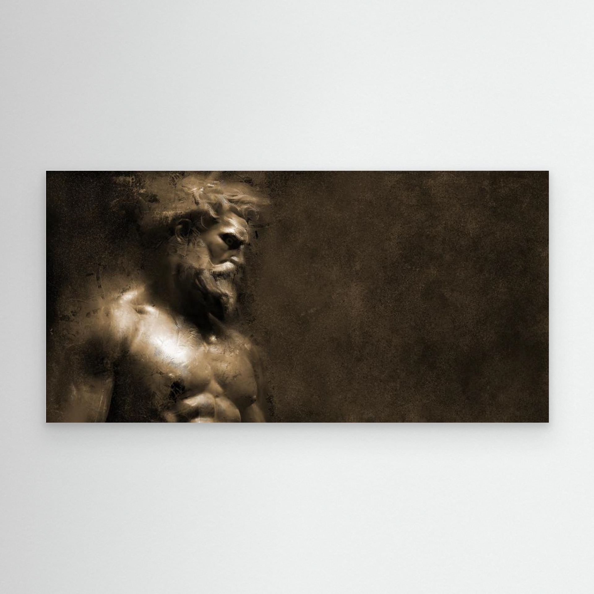 Creation artwork created by Robbie William for WalkinHISlight depicting bearded mans head and torso looking down.. Historical in nature. Shades of white, bronze to black. Available as a canvas print and paper print framed or unframed in various sizes. Contemporary/modern in style.