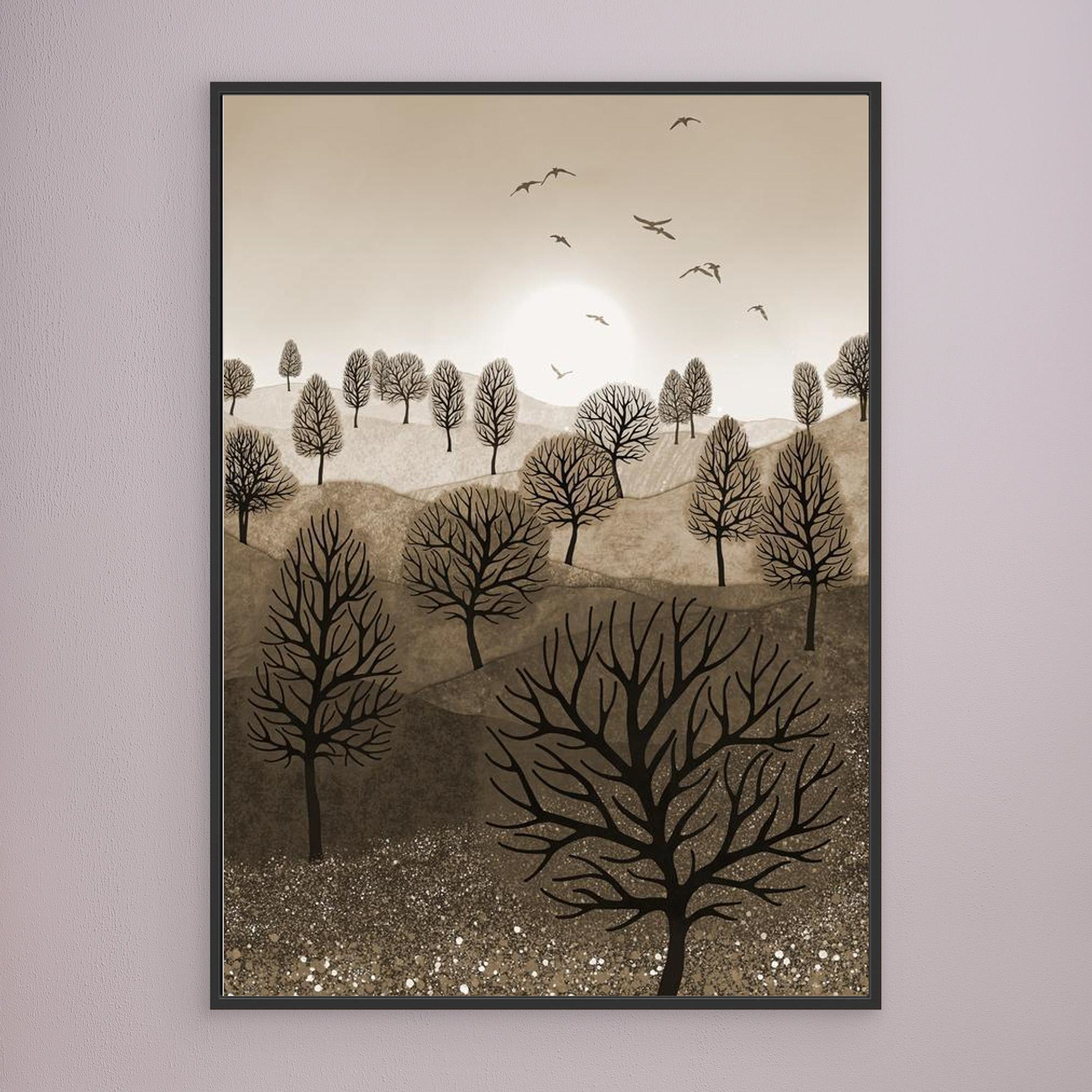 A Splash of Colour 'Sepia' created by Robbie William for WalkinHISlight,, artwork depicting a landscape dotted with various trees with the sun shining in the background, with a field of flowers in the forground and birds flying. Reductive in nature. Shades of white, beige, browns through to black.  Available as a canvas print and paper print framed or unframed in various sizes. Contemporary/modern in style..