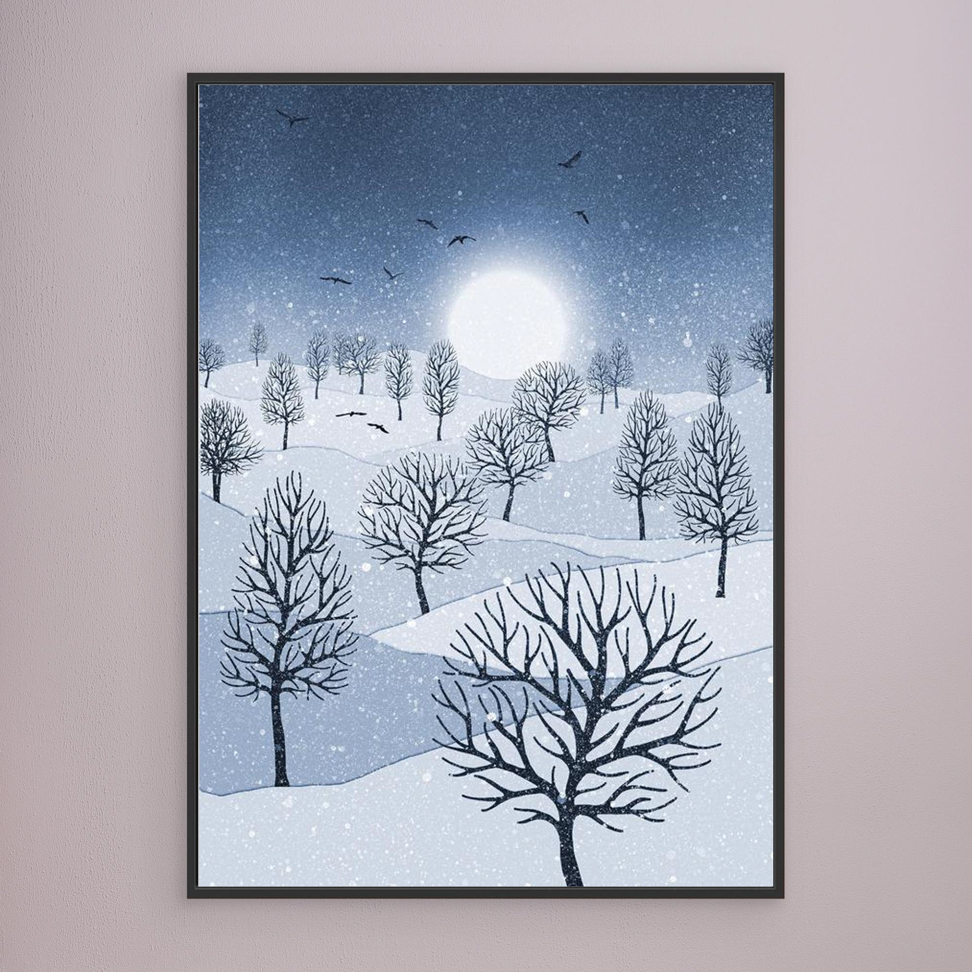 Winter Sun, artwork created by Robbie William for WalkinHISlight, depicting snow falling on a landscape dotted with various trees with the sun shining in the background and birds flying. Reductive in nature. Shades of white, blue through to black.. Available as a canvas print and paper print framed or unframed in various sizes. Contemporary/modern in style. 