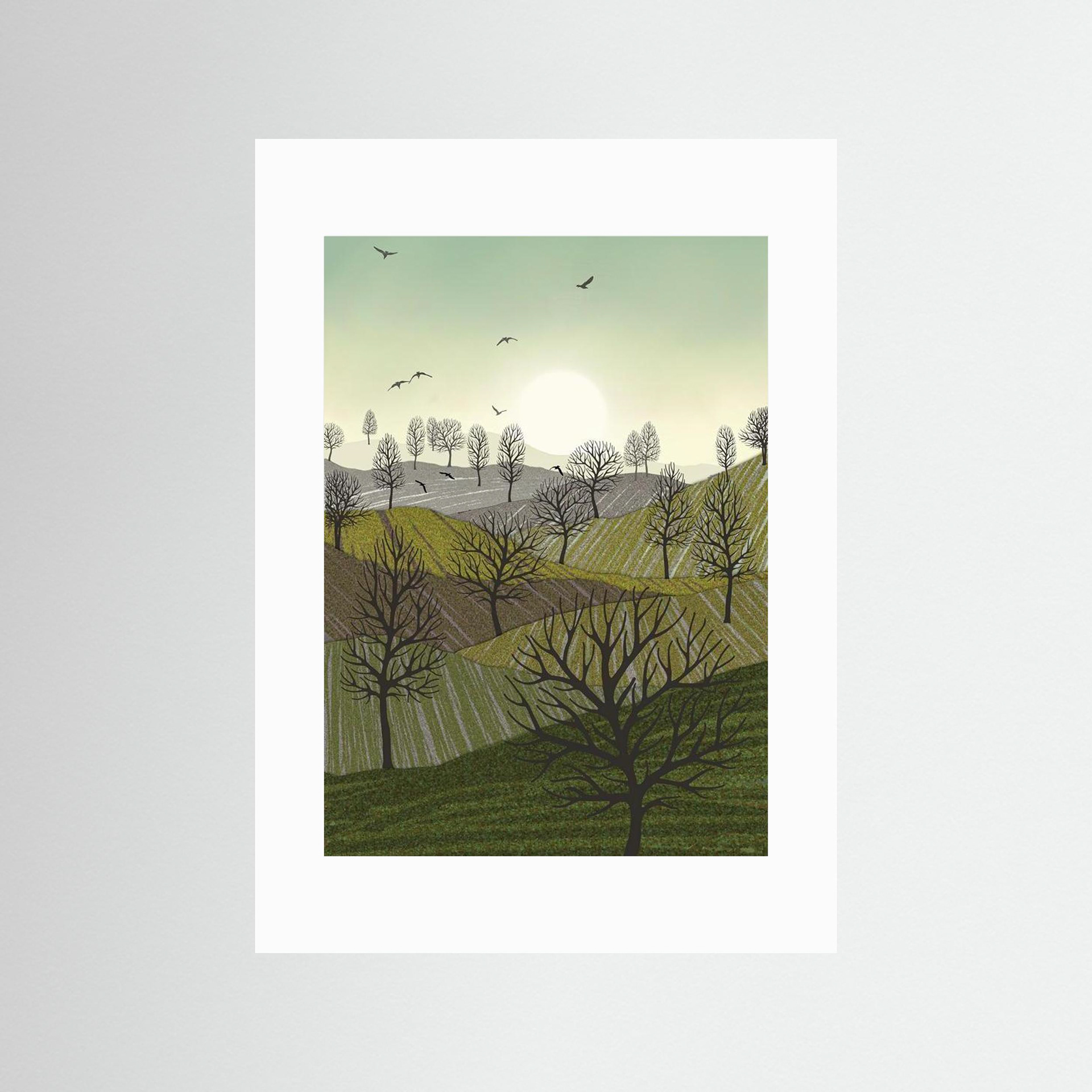 Over the Hills created by Robbie William for WalkinHISlight,, artwork depicting a landscape dotted with various trees with the sun shining in the background and birds flying. Reductive in nature. Shades of white, grey's, greens through to black.. Available as a canvas print and paper print framed or unframed in various sizes. Contemporary/modern in style..