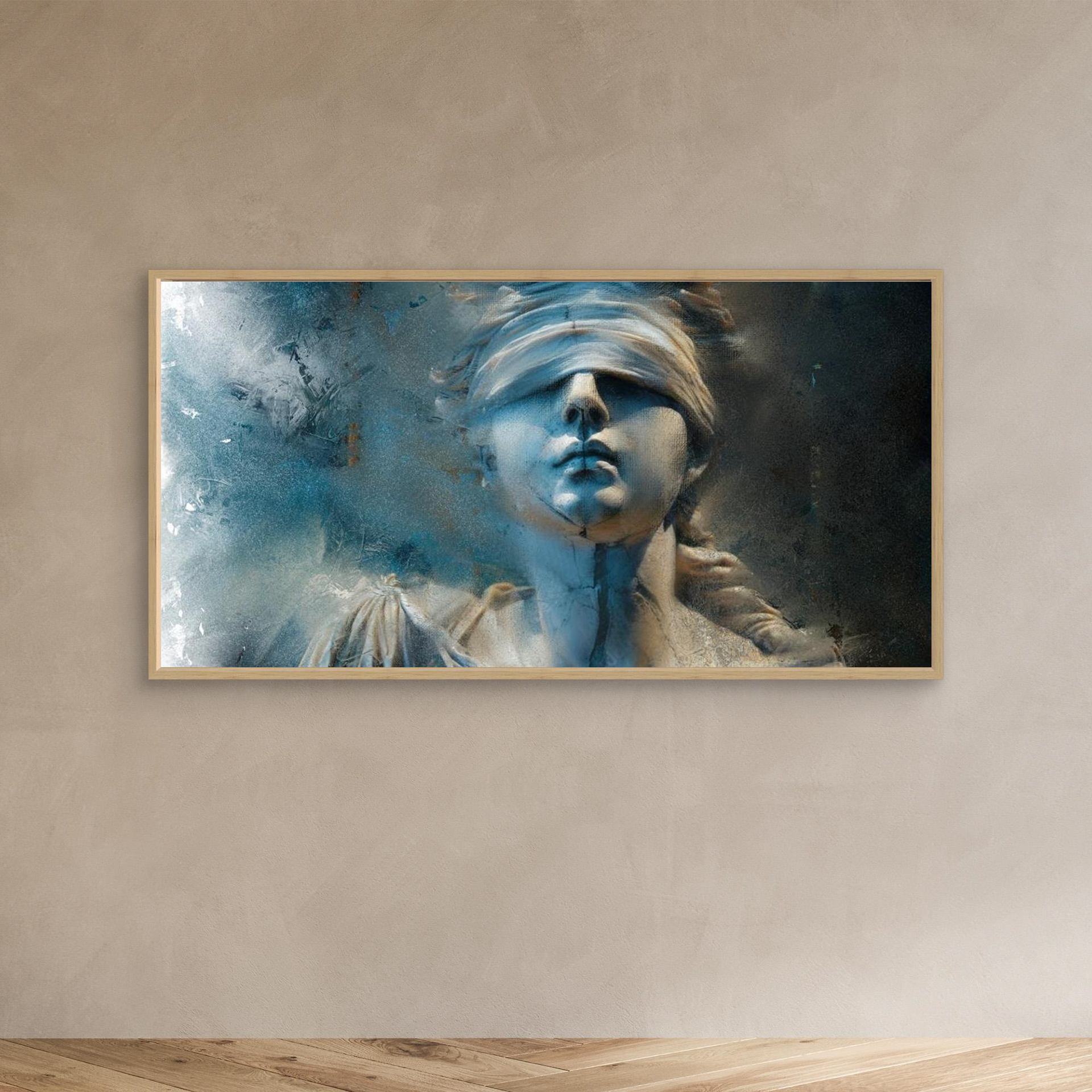 Lady Justice artwork created by Robbie William for WalkinHISlight depicting Lady Justice in shades of blue to black. Blind folded figure. Available as a canvas print and paper print framed or unframed. Contemporary in style.