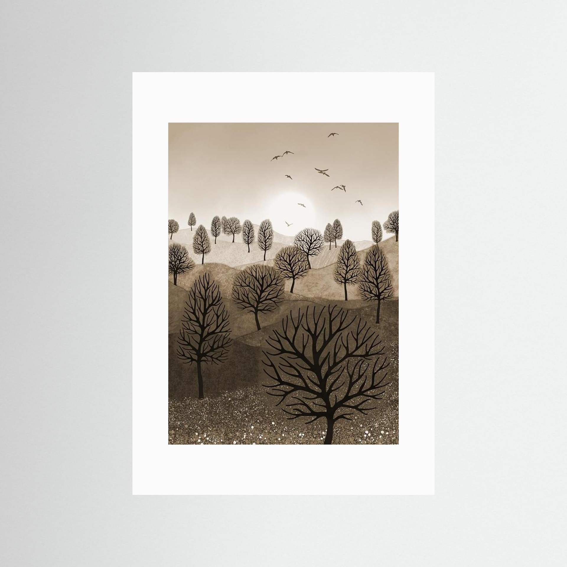 A Splash of Colour 'Sepia' created by Robbie William for WalkinHISlight,, artwork depicting a landscape dotted with various trees with the sun shining in the background, with a field of flowers in the forground and birds flying. Reductive in nature. Shades of white, beige, browns through to black.  Available as a canvas print and paper print framed or unframed in various sizes. Contemporary/modern in style..