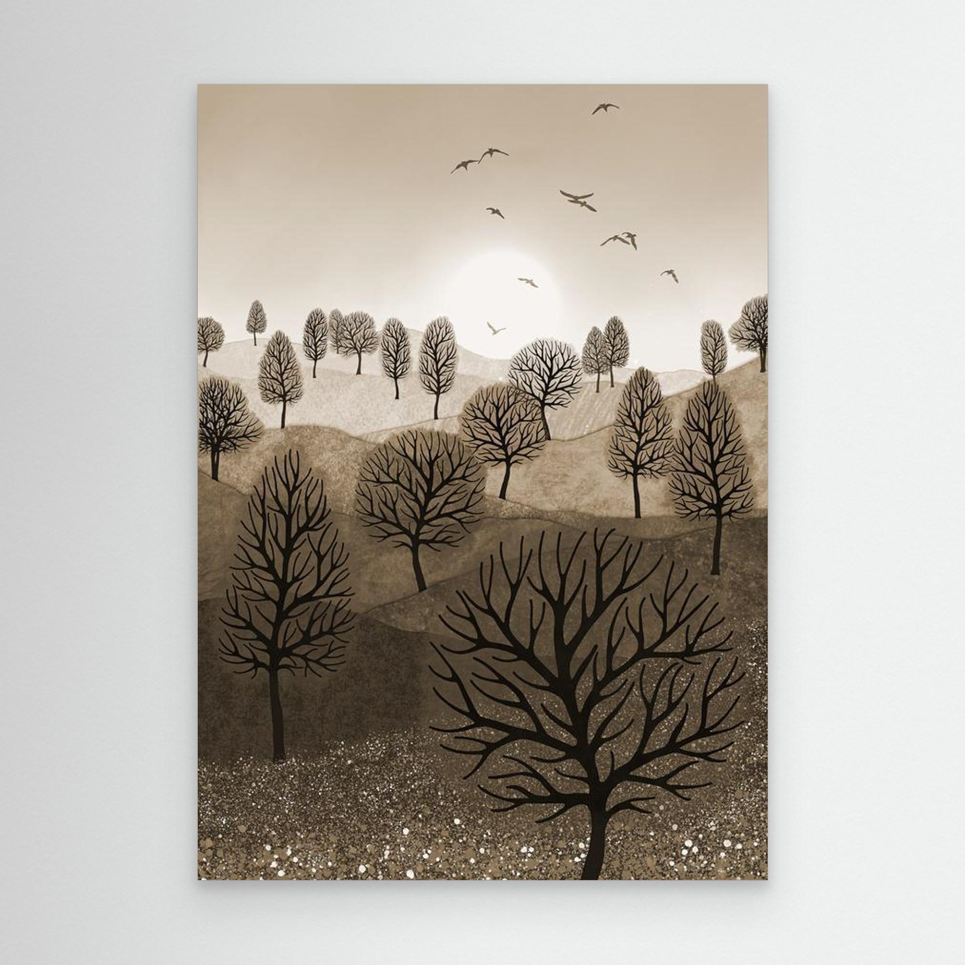 A Splash of Colour 'Sepia' created by Robbie William for WalkinHISlight,, artwork depicting a landscape dotted with various trees with the sun shining in the background, with a field of flowers in the forground and birds flying. Reductive in nature. Shades of white, beige, browns through to black.  Available as a canvas print and paper print framed or unframed in various sizes. Contemporary/modern in style..