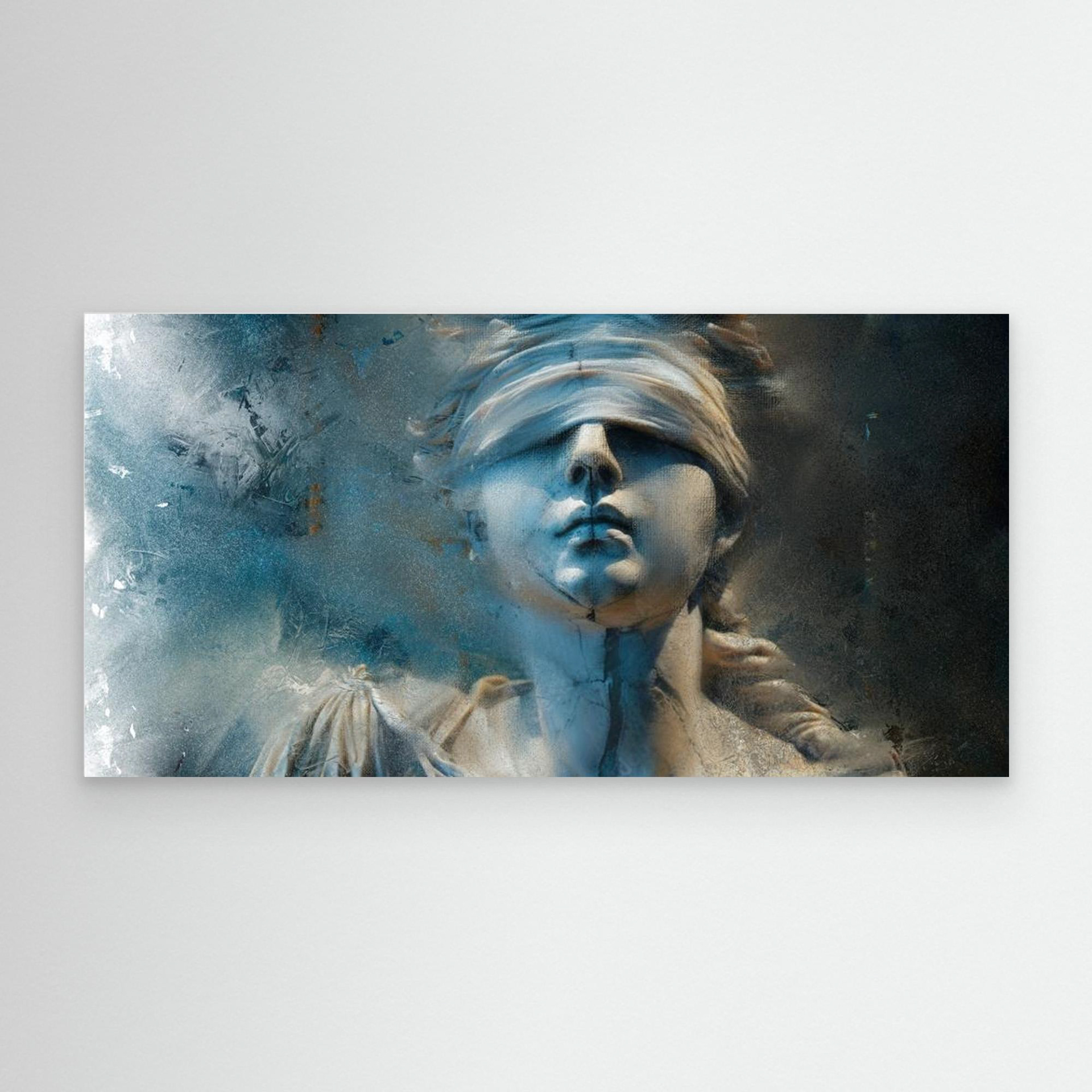 Lady Justice artwork created by Robbie William for WalkinHISlight depicting Lady Justice in shades of blue to black. Blind folded figure. Available as a canvas print and paper print framed or unframed. Contemporary in style.