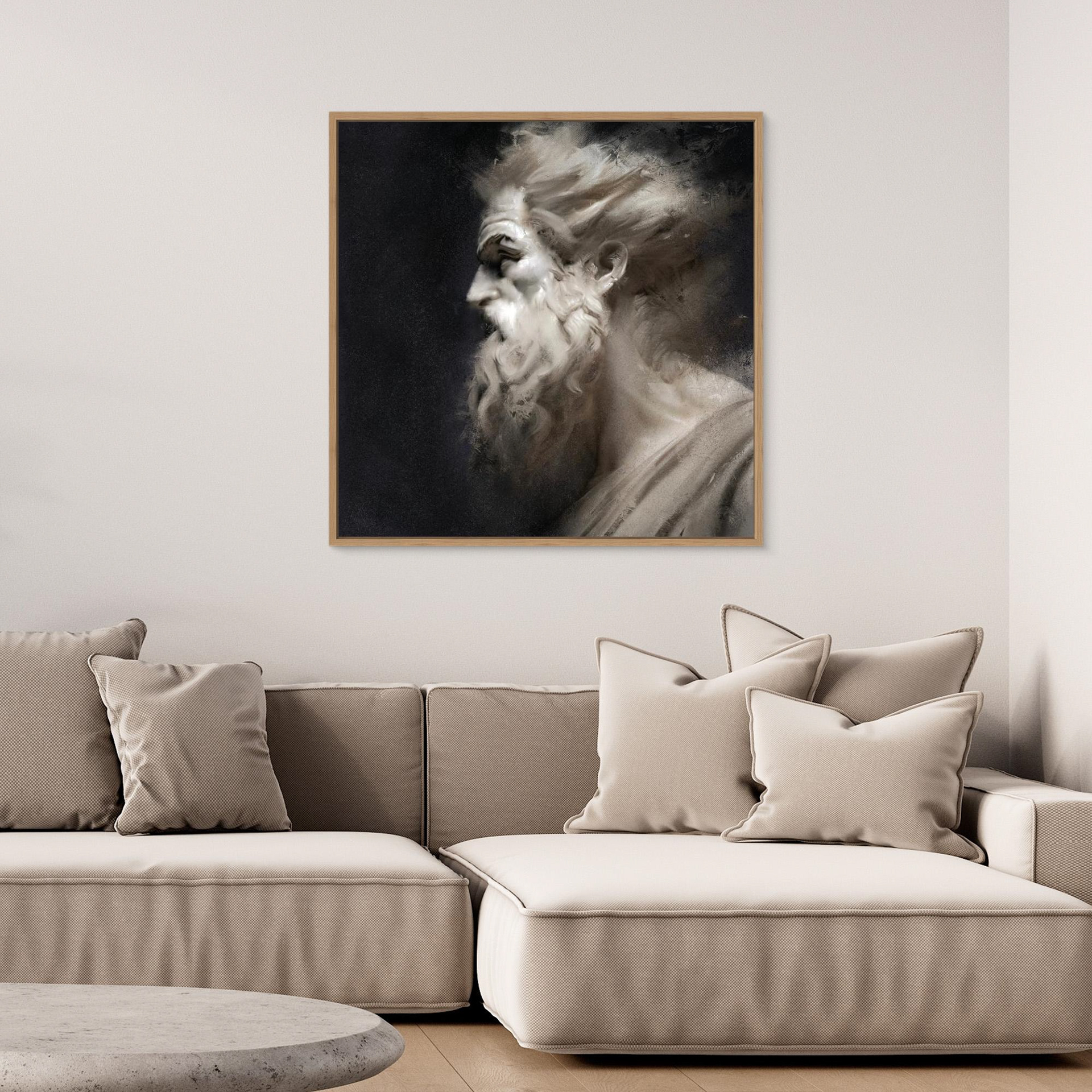 Fury artwork created by Robbie William for WalkinHISlight depicting the head and shoulders, side view, of a bearded man. Historical in nature. Shades of white, ivory to black. Available as a canvas print and paper print framed or unframed in various sizes. Contemporary/modern in style.