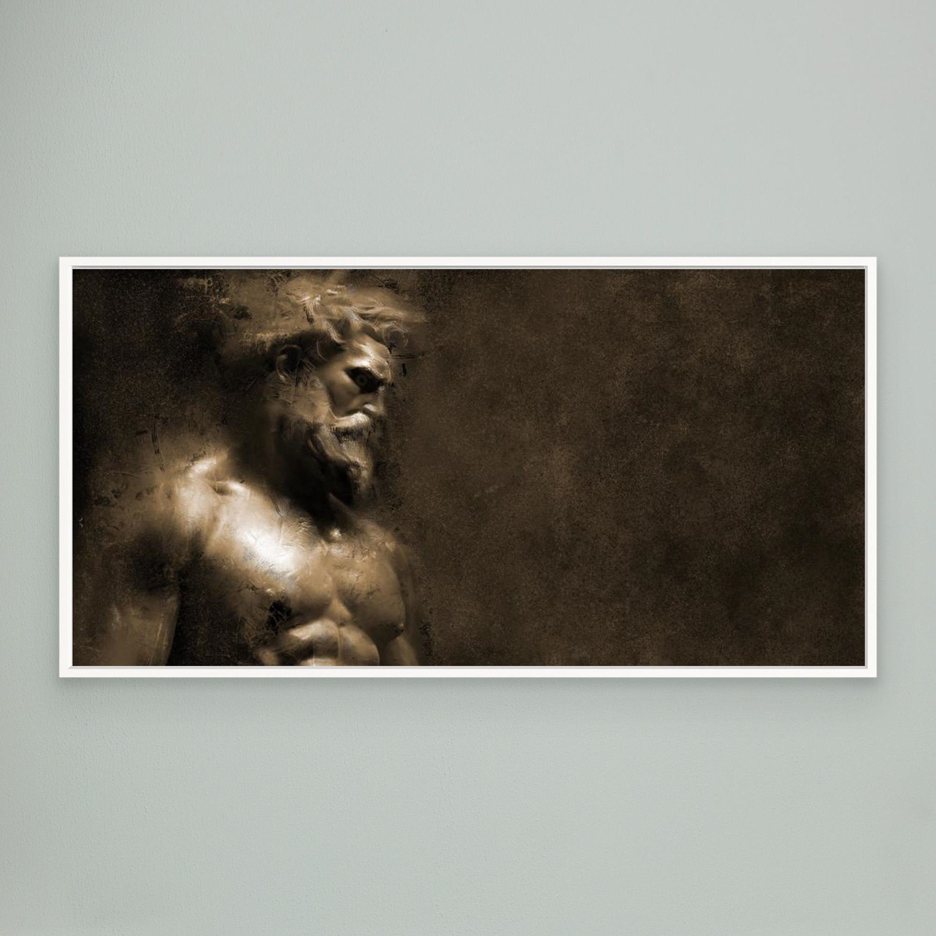 Creation artwork created by Robbie William for WalkinHISlight depicting bearded mans head and torso looking down.. Historical in nature. Shades of white, bronze to black. Available as a canvas print and paper print framed or unframed in various sizes. Contemporary/modern in style.